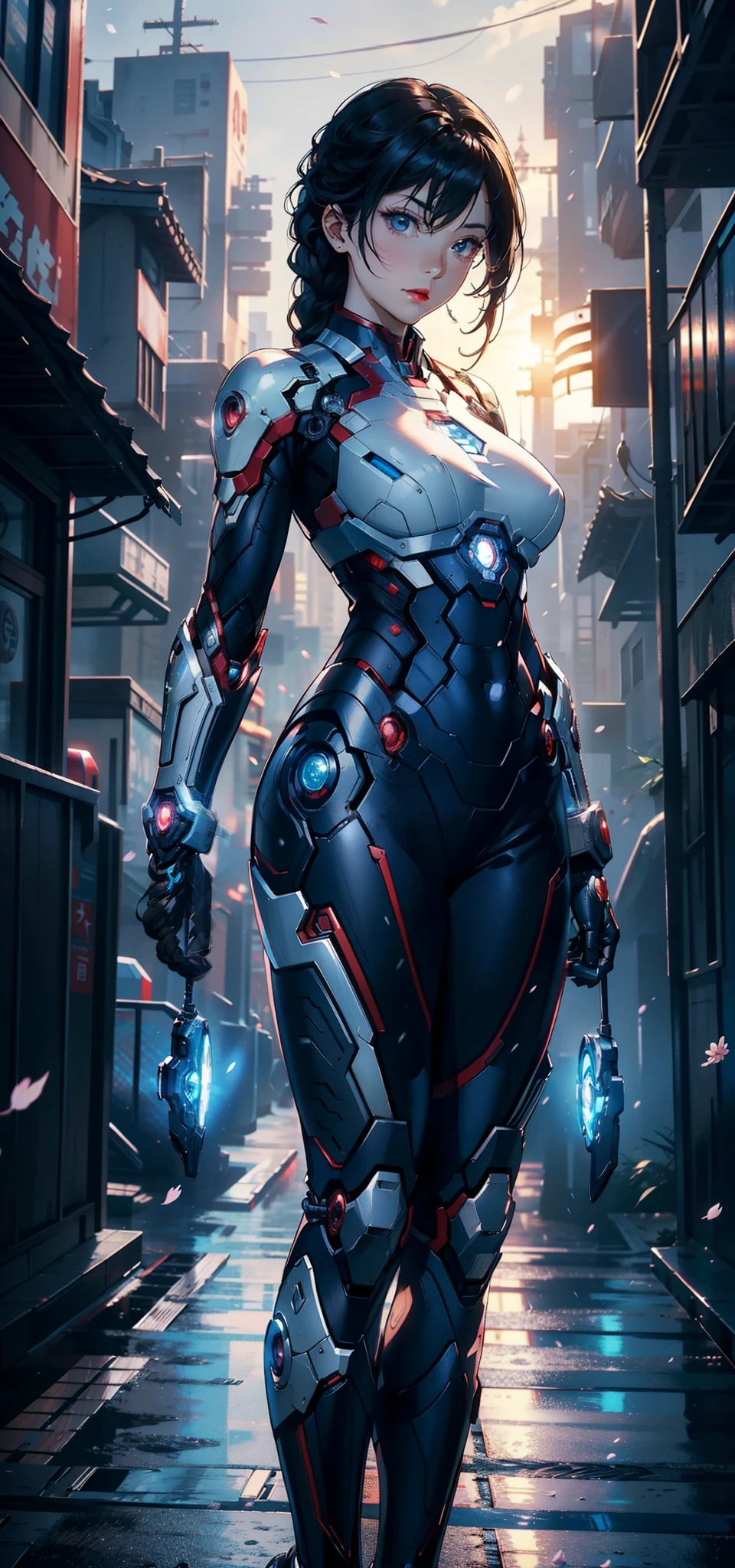 1female,35yo,Slim,extremely large bosom,big breasts thin waist,long leges, 独奏,(Background with:,Cherry blossom forest,Cyberpunk-city)standing on your feet, She has short black hair,standing on your feet,seen from the front, Twist braids, mostly cloudy sky,(((tmasterpiece),(Very detailed CG unity 8K wallpaper),best qualtiy,cinmatic lighting,detailed back ground,beatiful detailed eyes,Bright pupils,Black eyes,Snow-whiteskin,Redlip(Very fine and beautiful),(Beautiful and detailed eye description),ultra - detailed,tmasterpiece,))facing at camera,A high resolution,ultra - detailed),Iron Man,Wear a futuristic Iron Man mech,Blue and white color scheme,