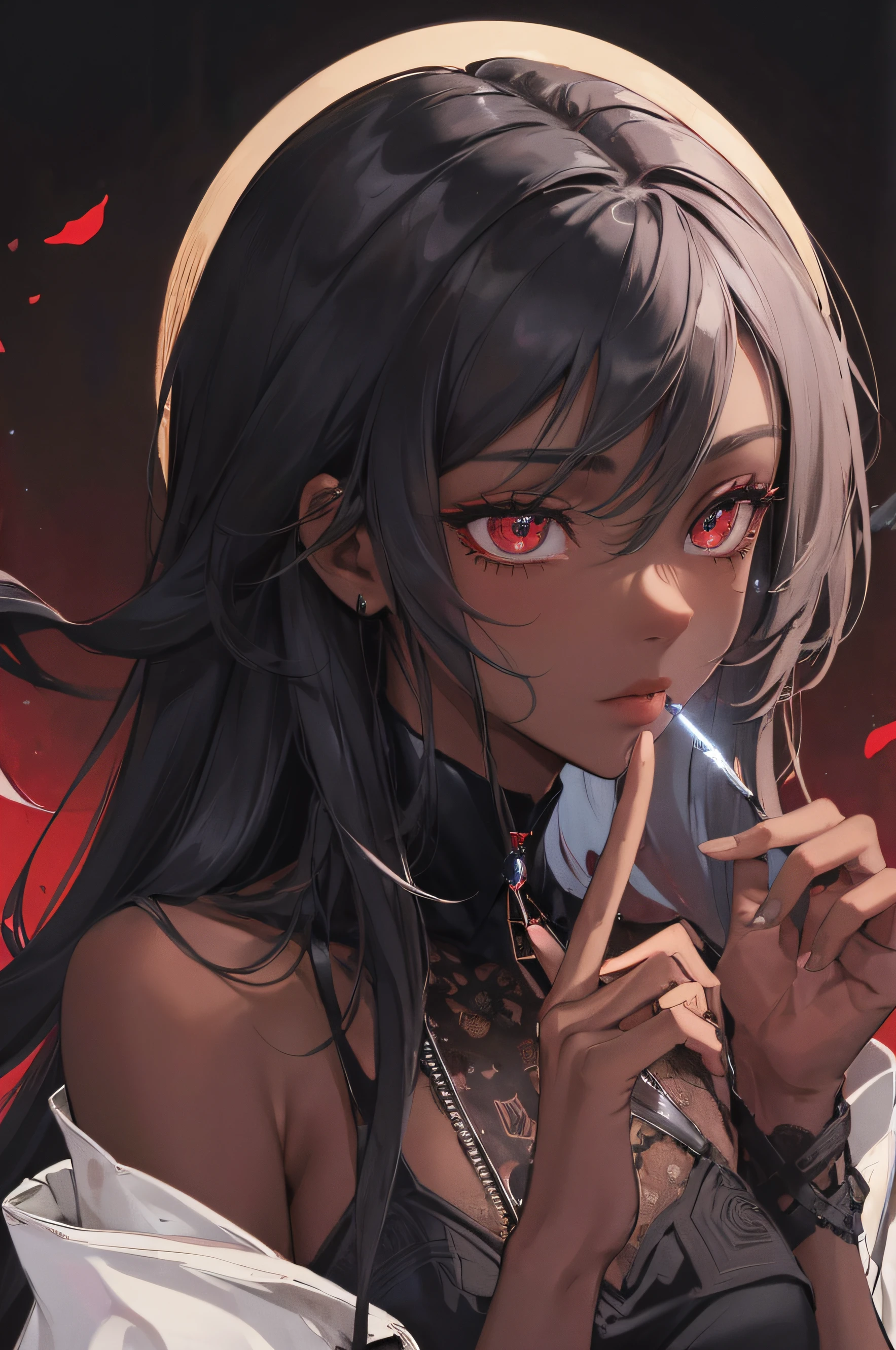 Masterpiece, Best Quality, Night, Full Moon, 1 Girl, Mature Female, Black Skin Tone, Sister, Royal Sister, Cold Expression, Face expressionless, Black Long Haired Female, Calm, Intellectual, Three Bands, Red Pupils, Assassin, Short Knife, Flower Ball Background, Hand Details, Finger Details, Facial Details, Eye Details,