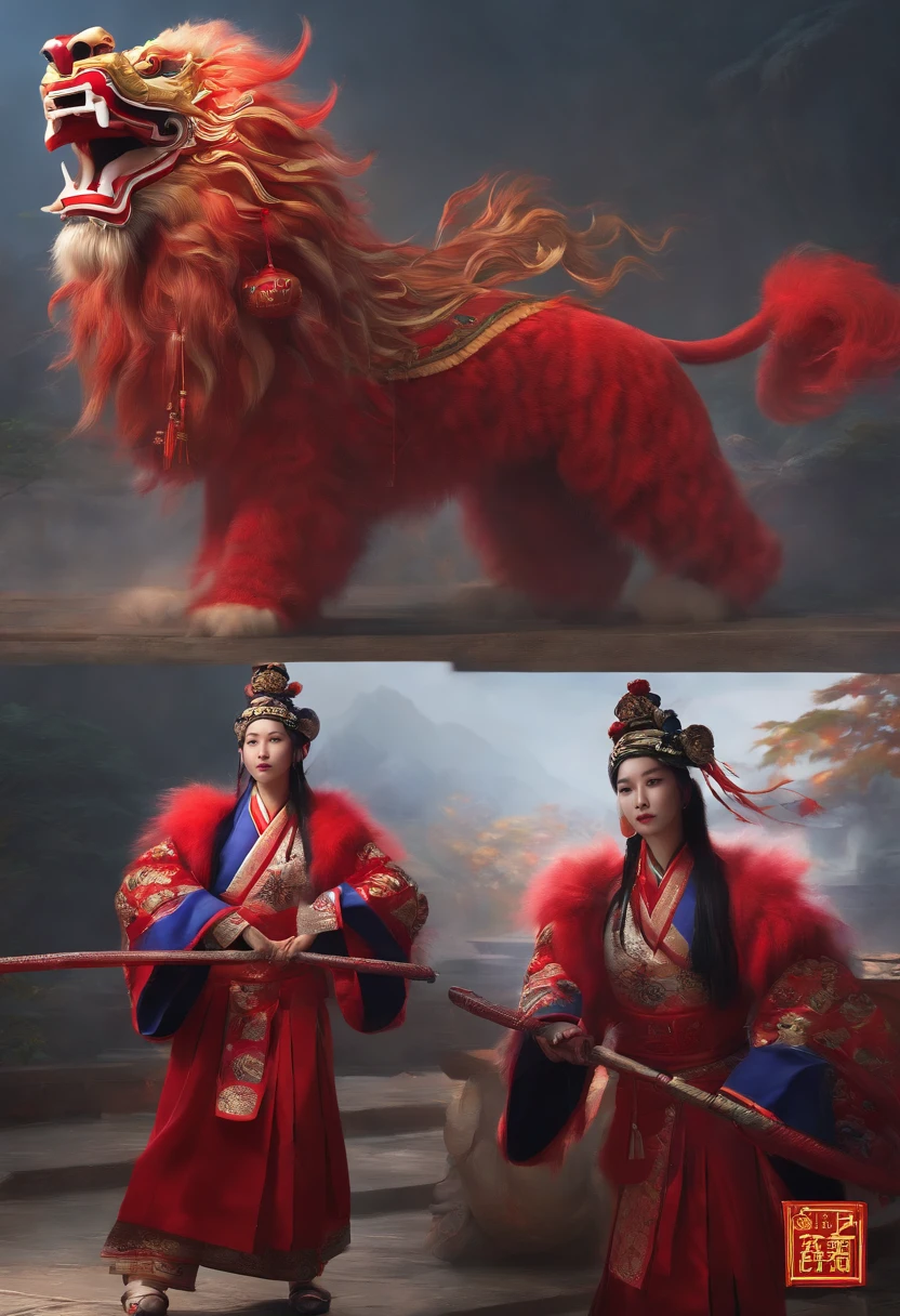 8K，RAW photos，best qualtiy，tmasterpiece，realisticlying，photograph realistic，ultra - detailed，Chinese lion dance，At the New Year's Festival, Traditional lion dance performance, Alafid lion with long mane and long tail, Onmyoji detailed art, bian lian, G Liulian art style, cgsociety and fenghua zhong, drak, inspired by Park Hua, chengwei pan on artstation, wojtek fus, inspired by Lu Guang, onmyoji portrait, affable ， wenjun lin