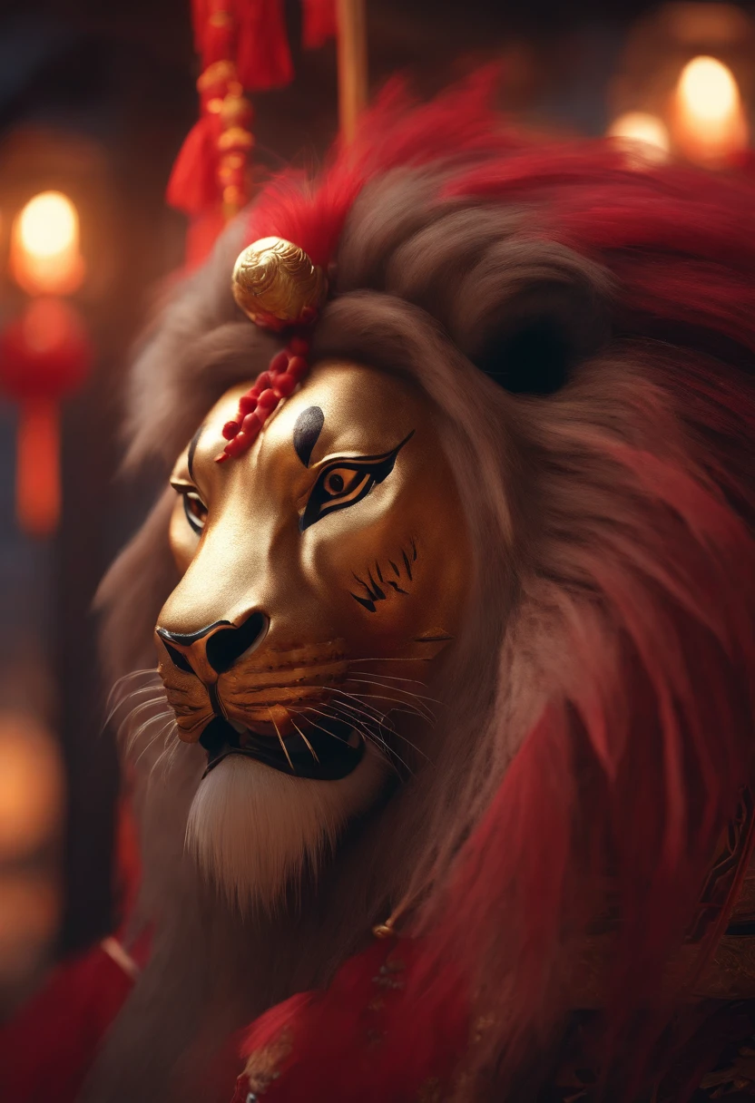 8K，RAW photos，best qualtiy，tmasterpiece，realisticlying，photograph realistic，ultra - detailed，Chinese lion dance，At the New Year's Festival, Traditional lion dance performance, Alafid lion with long mane and long tail, Onmyoji detailed art, bian lian, G Liulian art style, cgsociety and fenghua zhong, drak, inspired by Park Hua, chengwei pan on artstation, wojtek fus, inspired by Lu Guang, onmyoji portrait, affable ， wenjun lin