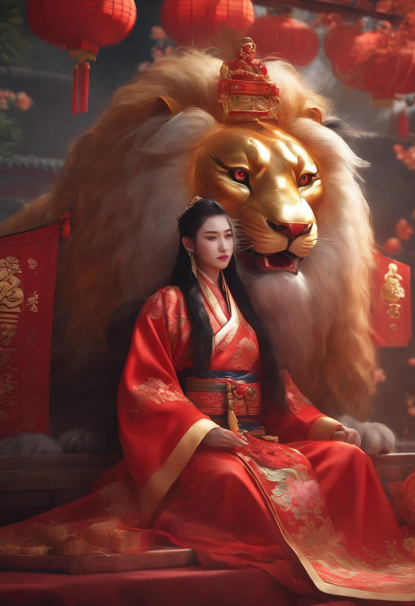 8K,RAW photos,best qualtiy,tmasterpiece,realisticlying,photograph realistic,ultra - detailed,Chinese lion dance,At the New Year's Festival, Traditional lion dance performance, Alafid lion with long mane and long tail, Onmyoji detailed art, bian lian, G Liulian art style, cgsociety and fenghua zhong, drak, inspired by Park Hua, chengwei pan on artstation, wojtek fus, inspired by Lu Guang, onmyoji portrait, affable , wenjun lin