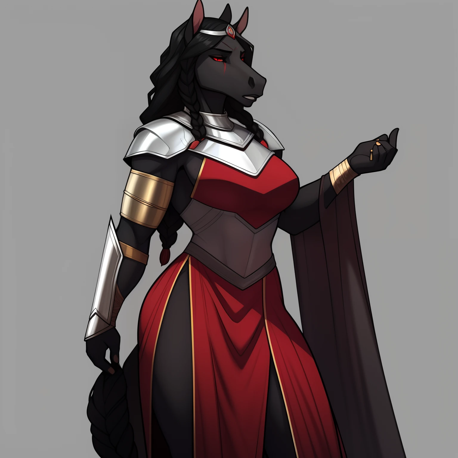 Lanky_muscular_mature_horse female black_hair short_braided_wavy_hair scarred_dark_gray_furry_body red_irises red_medieval_gown silver_breastplate silver_gorget silver_bracers silver_greaves thick_silver_circlet solo Masterpiece best_quality absurdres highly_detailed cleanly_drawn_eyes anthro_only by_claweddrip, by_greasymojo, by_underscore-b, by_runawaystride