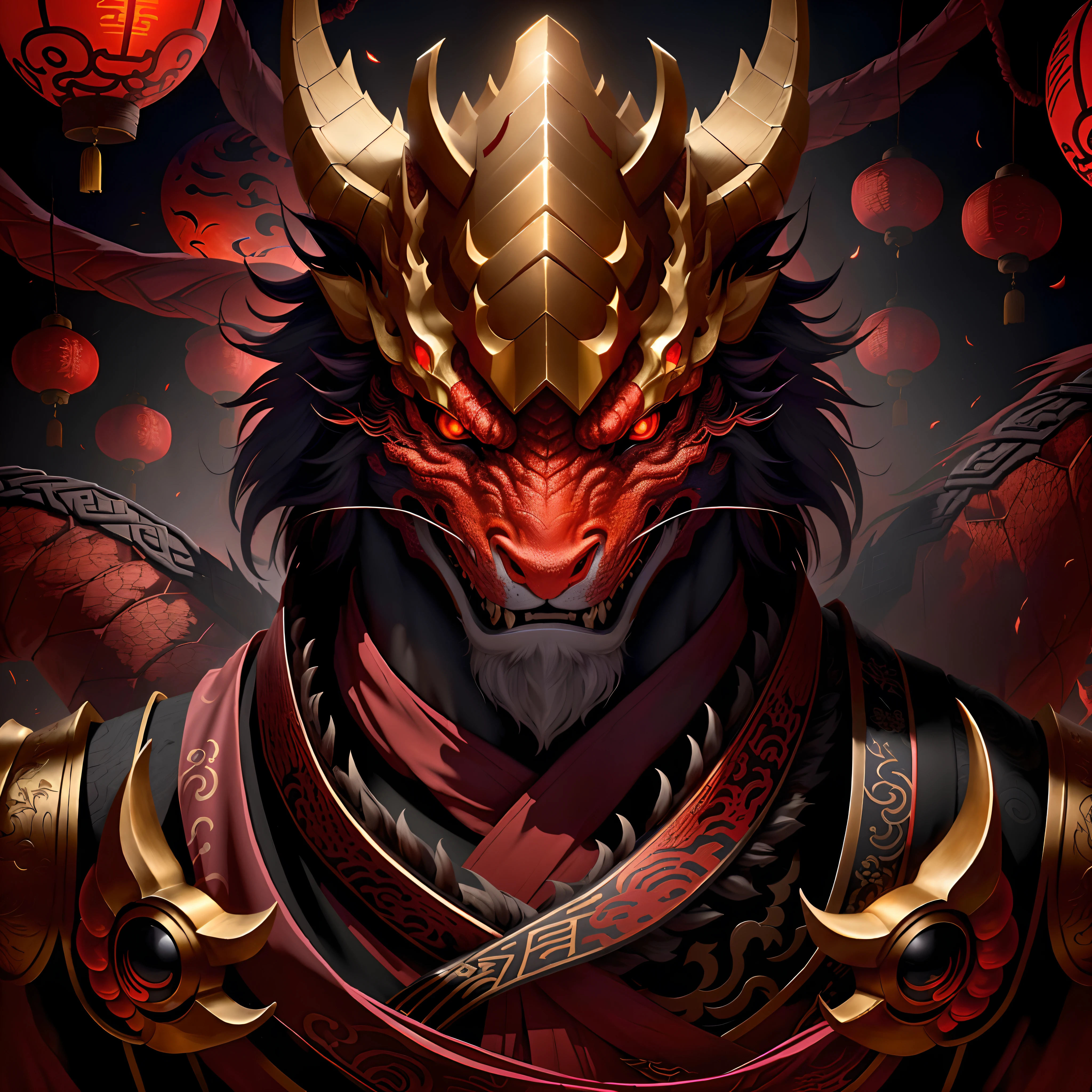 A Chinese dragon, dragon horn, magical, anthropomorphic, boy, angry expression, glowing eyes, Prajna mask, Hanfu, background ancient Chinese street, night. Genshin Impact Impact, best picture quality, high detail, high quality, ultra high resolution, oc rendering, 8K