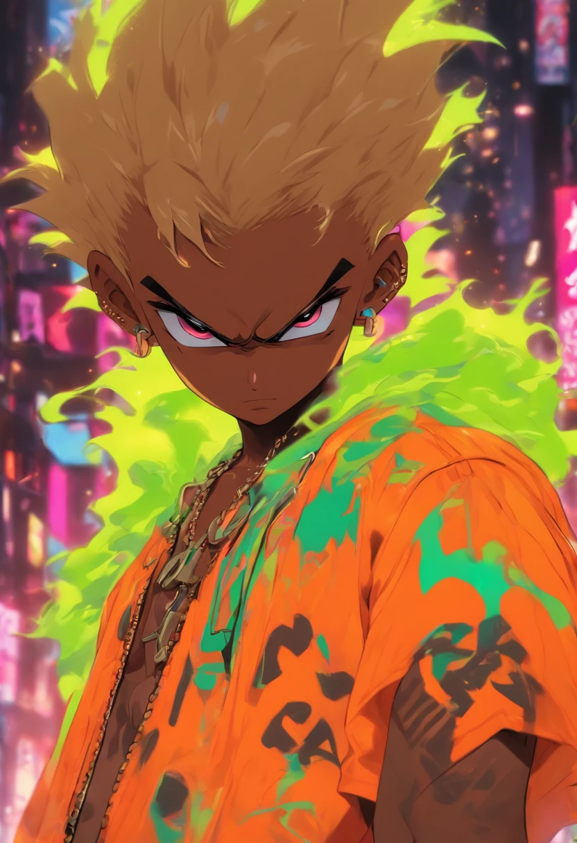 Batboy Boy, Caramel Brown skin Black boy moor, Bald Hairstyle, Streetwear, Full Slime Body, colors neon, risa loca, malvada, Hair::-10