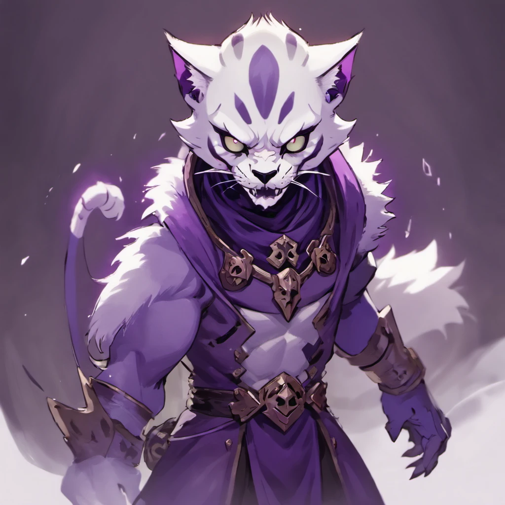 Khajiit, pale white fur, dark violet skull-like armor, nightmare fuel, masterpiece, best quality