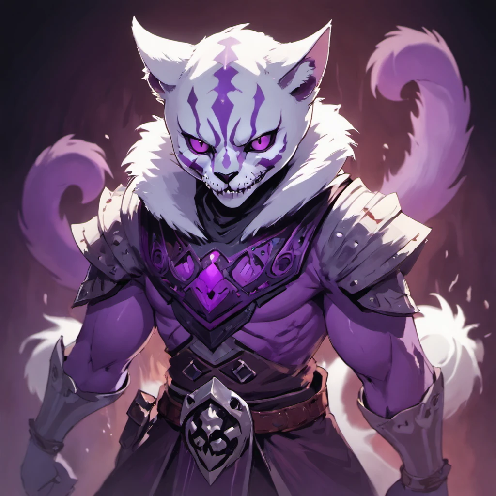 Khajiit, pale white fur, dark violet skull-like armor, nightmare fuel, masterpiece, best quality