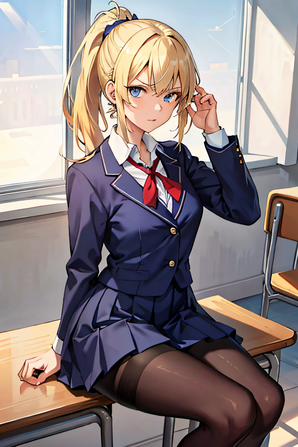 (Masterpiece: 1.2, Best Quality), 1 Lady, Solo, School Uniform, Classroom, Day, Sitting, Blonde, Ponytail, Blue Eyes, Open Collabora Bone, Gal, Open Chest, Tights , annoyed