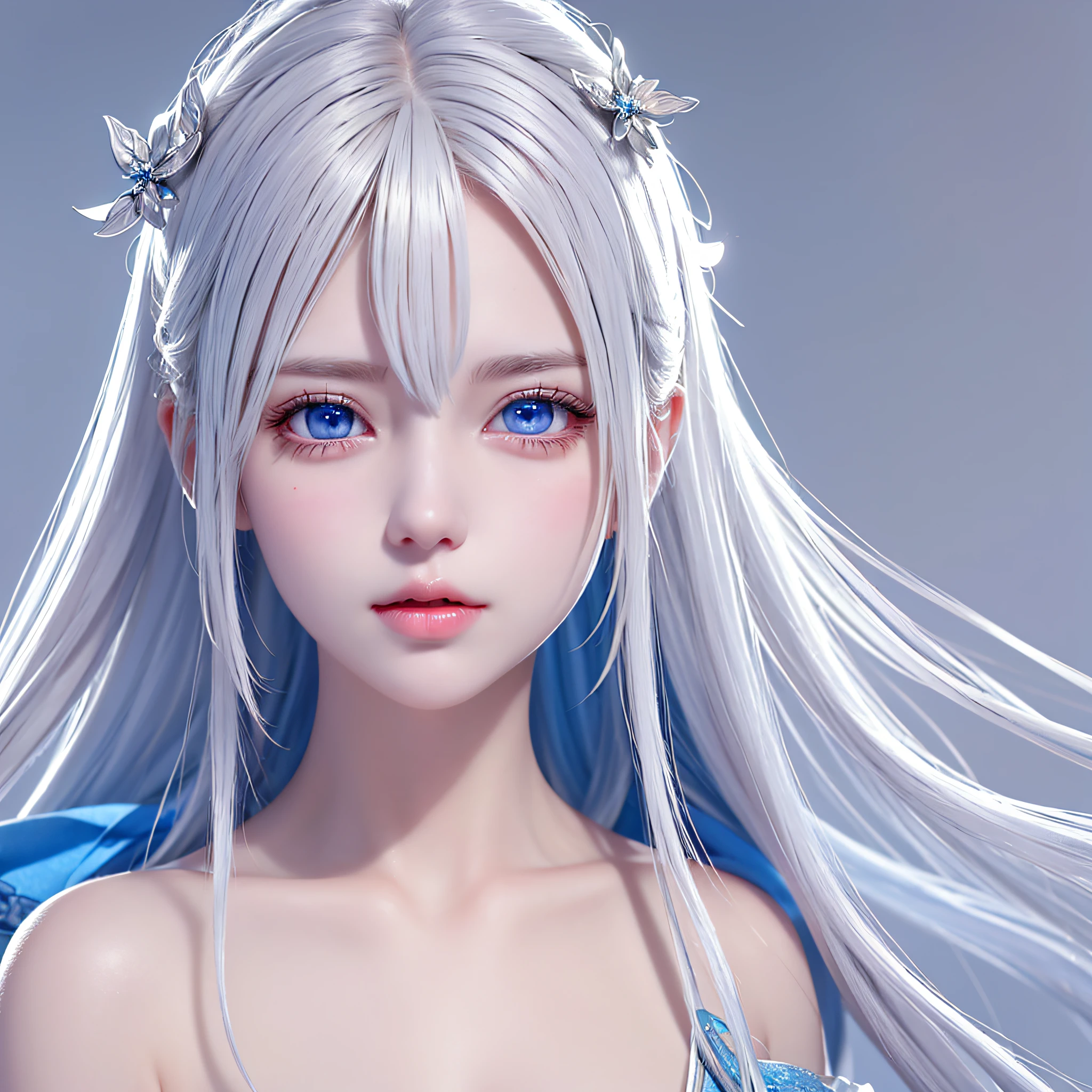 best quality, masterpiece,white hair, blue eyes, upper body,Gorgeous background,1girl, Flowing hair,brunette