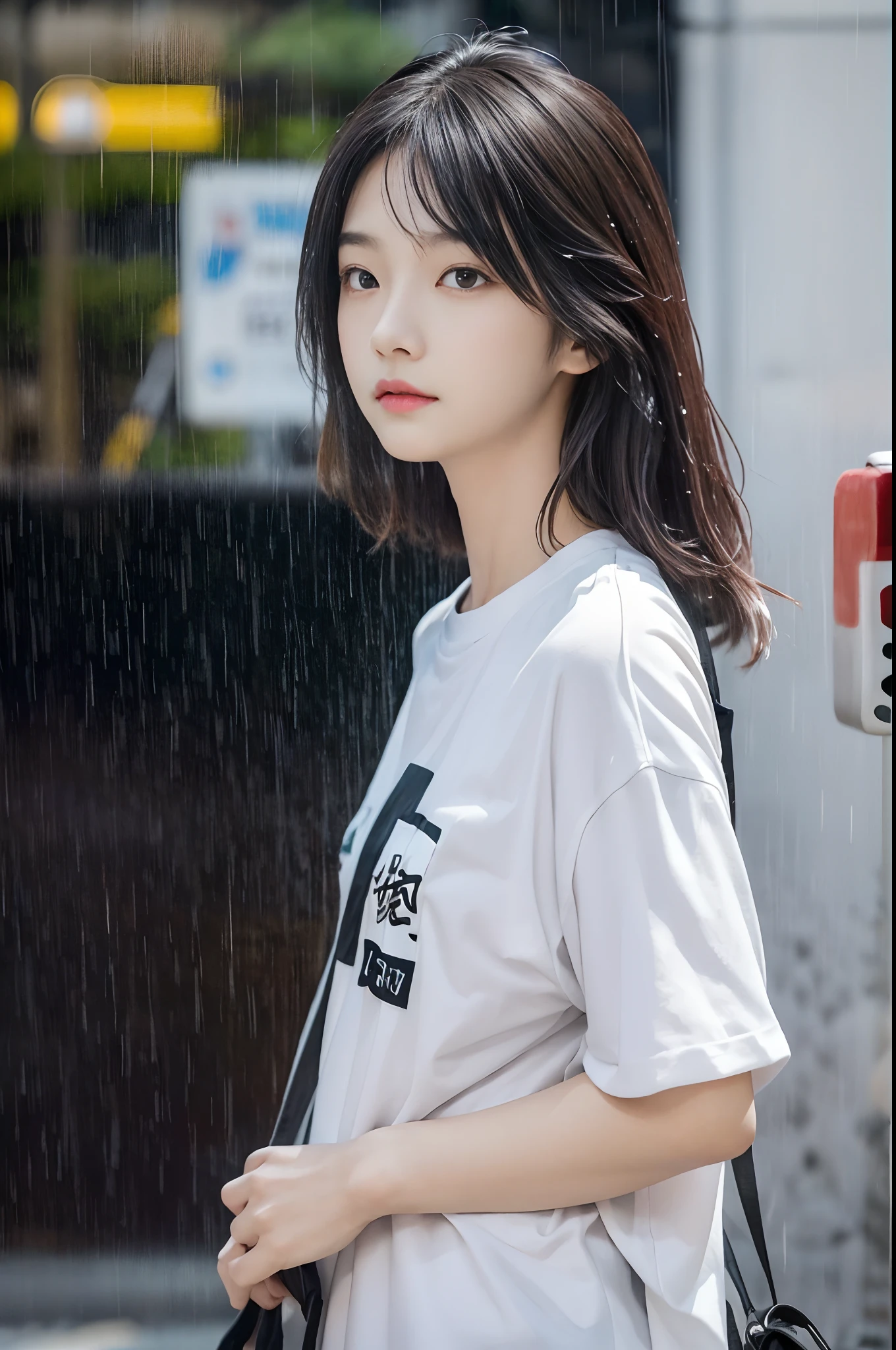 Young woman in white t-shirt wet from rain sticking to skin、Weather in the rain、photographed:Araki Shigenobu, Cool black and white t-shirt design and serial experience Japan age girl with rain, Text Says: 「September 21」, typographic「September 21」で、Place glue on the sides and bottom of the square screen. , high detailing, 8K, on tokyo street, high details, FUJIFILM New RX、Detailed skin、