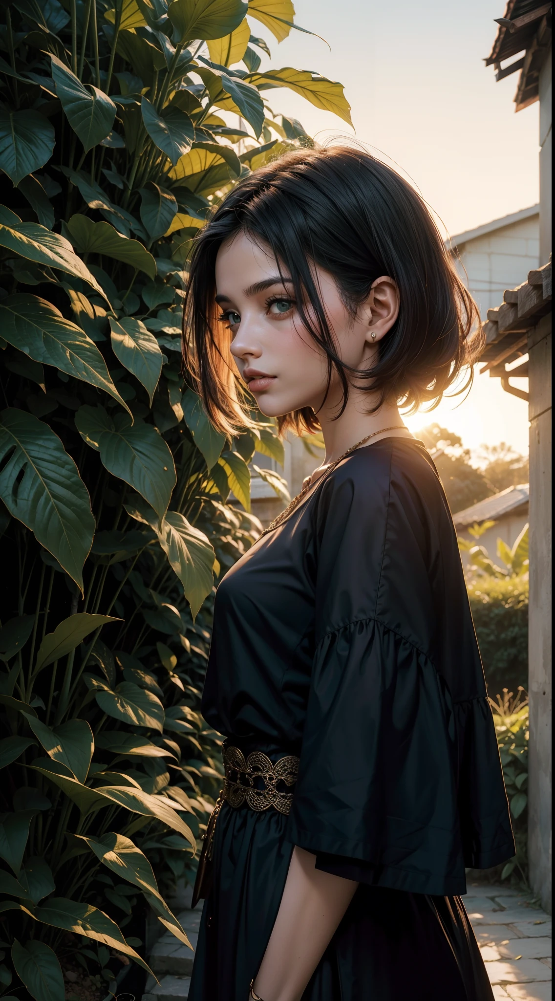 1 mulhe e 1 homem; em um jardim de tulias ao por do sol, duas mulheres distantes uma da outra, um homem de cabelo ruivo/vermelho, e a garota de cabelo preto com mechas azuis/verde