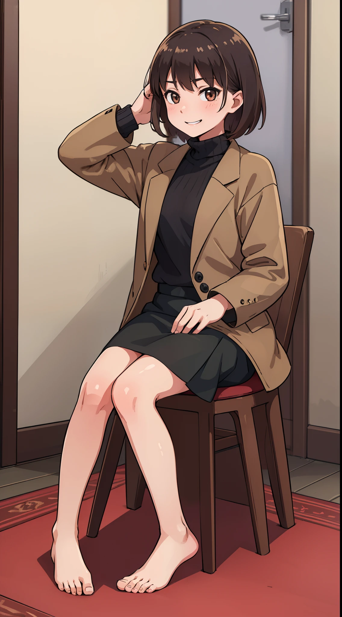 hiquality, tmasterpiece (One adult girl). short brown hair. smile on face. brown eye. The clothes: brown jacket over black sweater. blackskirt. bare feet. In the background of the room
