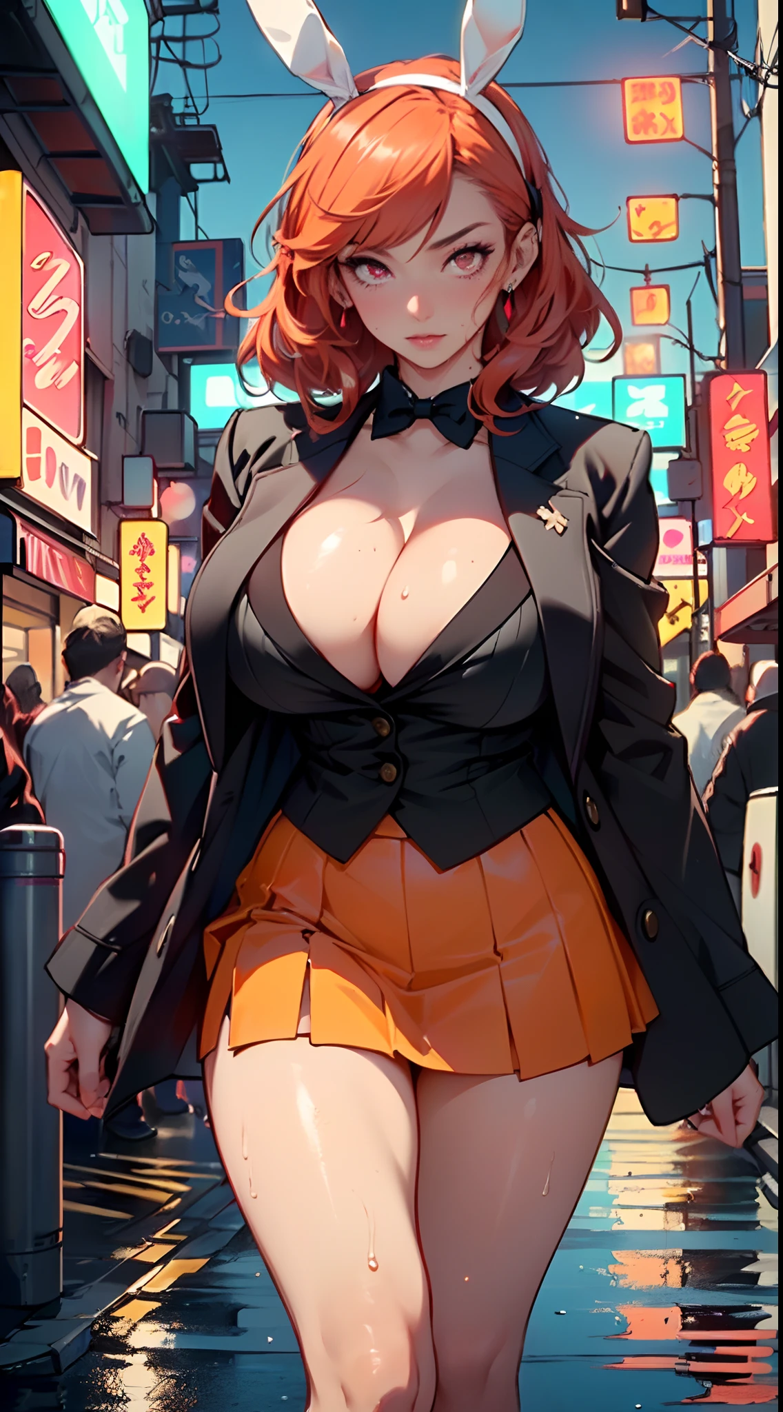 cute bunny girl,(((1girl))),((bunny girl with extremely cute and beautiful orange hair)),(((bunny girl,anthro furry cute,bunny-girl,bunny ears,bunny ears on head,big bunny ears))),


(large breasts:1.4),saggy breasts,(((red orange hair:1.35,colored inner hair,ear breathing,large hair))),(((neon_red_eyes:1.3))),intricate eyes,beautiful detailed eyes,symmetrical eyes,big eyes:1.3,((fat)),(((lustrous skin:1.5,bright skin: 1.5,skin tanned,shiny skin,very shiny skin,shiny body,plastic glitter skin,exaggerated shiny skin,illuminated skin,wet legs))),(spider lower abdomen,narrow waist,wide hip,athletic body,inflated legs,detailed body,(detailed face)),

cute,slutty,seductive,erotic,(((nsfw))),

(((wearing dark red formal blazer,short skirt,))),(((huge cleavage))),((wet clothes,intricate outfit,intricate clothes)),

(dynamic pose:1.0),solo focus,embarrassed,(centered,scale to fit dimensions,Rule of thirds),

cyberpunk city by the ocean at night, with bright neon signs and dark stormy clouds and puddles, scenery:1.25,

artistic photography,(photography taken by sldr),highres, sharp focus, (ultra detailed, extremely detailed), (photorealistic artwork:1.37),(extremely detailed CG unity 8k wallpaper),((synthwave background theme)),(((vibrant colors))),(intricate background),(masterpiece),(best quality)