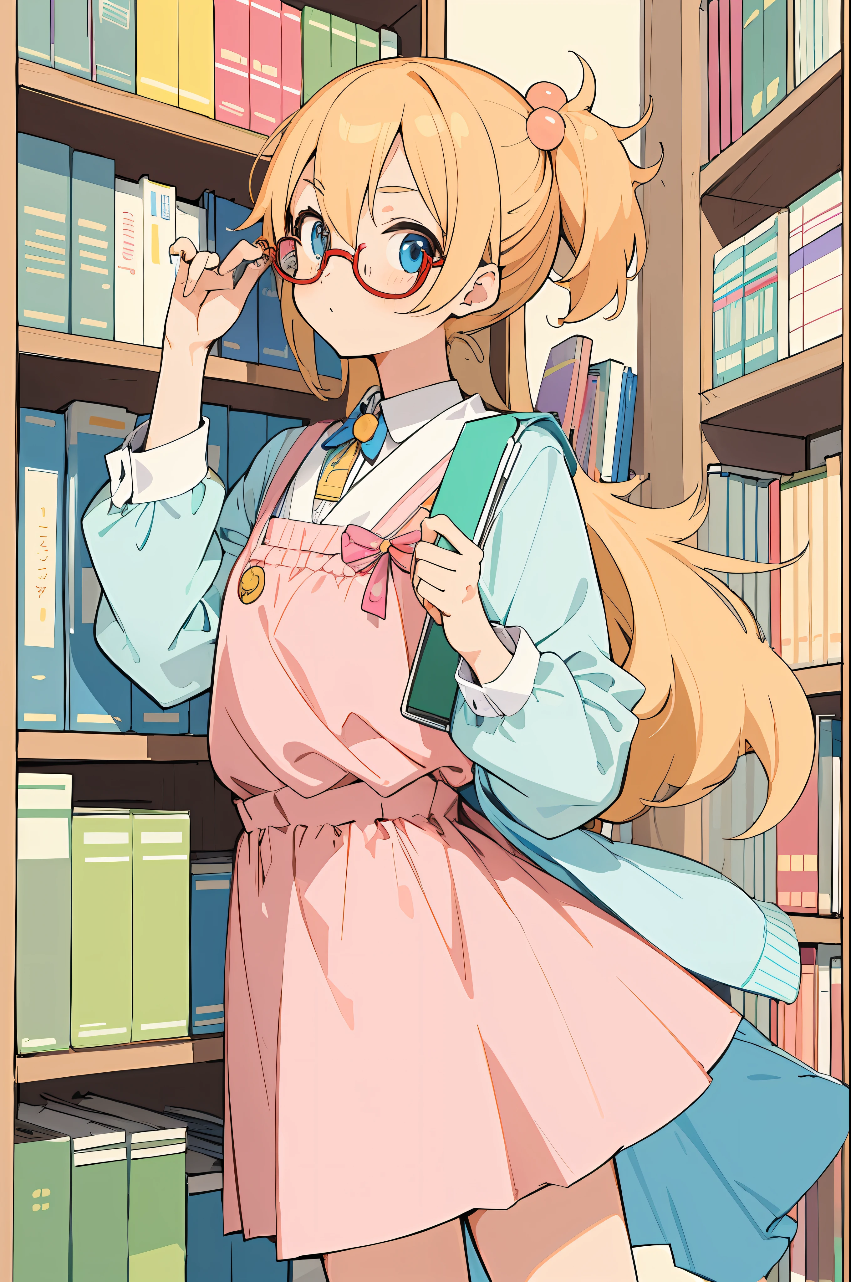 (masterpiece, best quality) by mika pikazo, detailed, 1girl, solo, nerd, library, no outline, colorful flat coloring, glasses, warm, peach