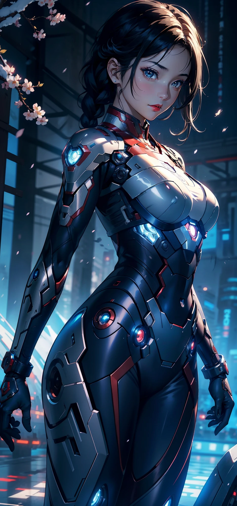 1female,35yo,Slim,extremely large bosom,Big breasts Thin waist,long leges, 独奏,(Background with:,Cherry blossom forest,Cyberpunk-city)run, She has short black hair,seen from the front, Twist braids, mostly cloudy sky,(((tmasterpiece),(Very detailed CG unity 8K wallpaper),best qualtiy,cinmatic lighting,detailed back ground,beatiful detailed eyes,Bright pupils,Black eyes,Snow-whiteskin,Redlip(Very fine and beautiful),(Beautiful and detailed eye description),ultra - detailed,tmasterpiece,))facing at camera,A high resolution,ultra - detailed),Iron Man,Wear a futuristic Iron Man mech,Blue and white color scheme,