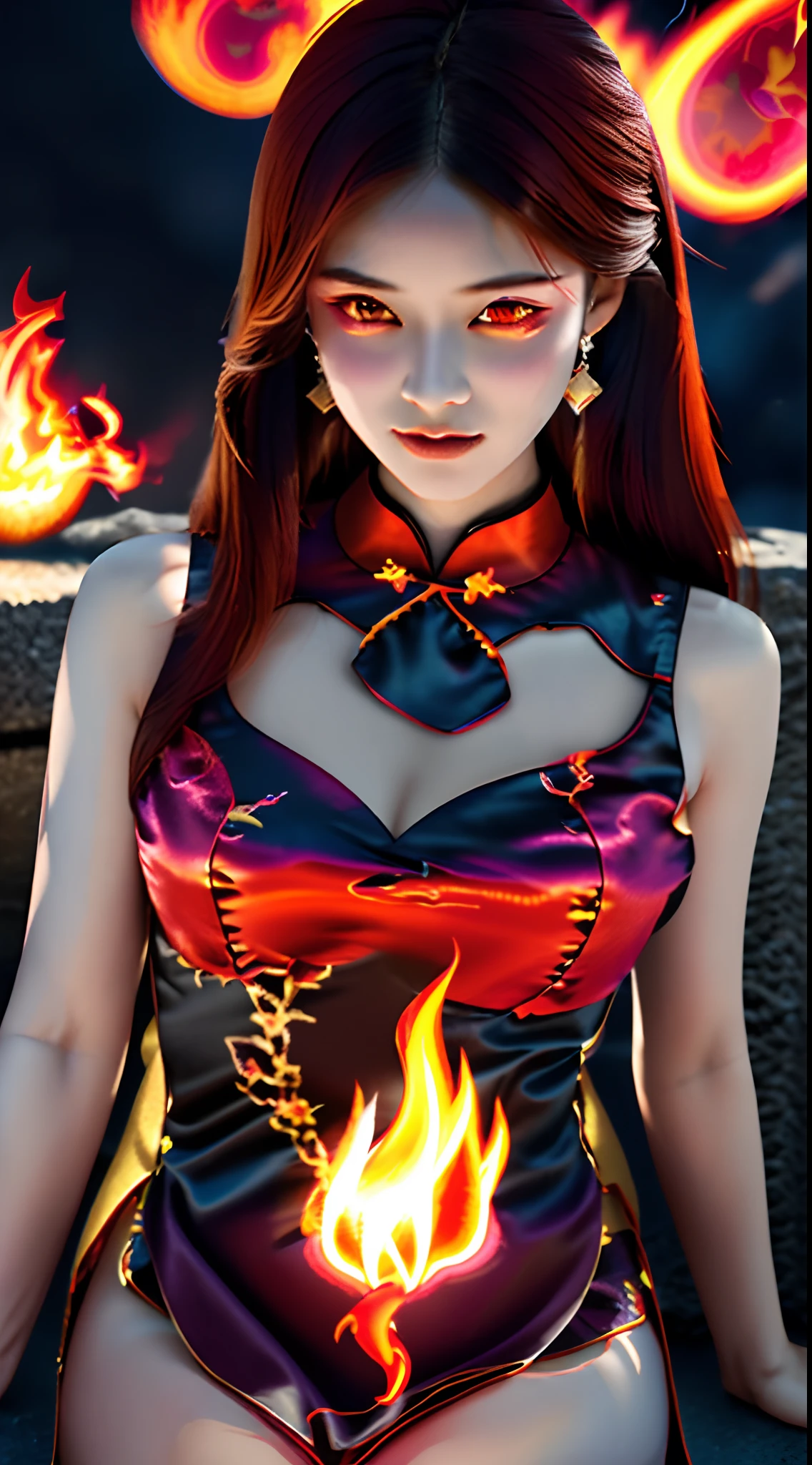 Girl playing with fire, ablaze with intensity, Glowing embers, Swirling smoke, Mesmerizing action, Flowing red hair, sparks flying, Fearless expression, Dark background, Intense lighting, Fiery atmosphere, dynamicposes, Dangerous beauty, Fascinating energy, Burning passion, Thrilling suspense, intense heat, Scorching flame, dramatic contrast, Smoky veil, fiery glow, Enchanting dance, Strong presence, Flashing shadows, Fiery artwork, Vibrant colors, blazing infero, Hypnotic flame, daring adventure, Her eyes shone with a blazing light, Heat waves, Glowing embers fall, Exhilarating performance, Blazing sparks in the night, adrenaline rush, Radiant warmth, Breathtaking spectacle, Raw intensity, Fiery passion is unleashed.