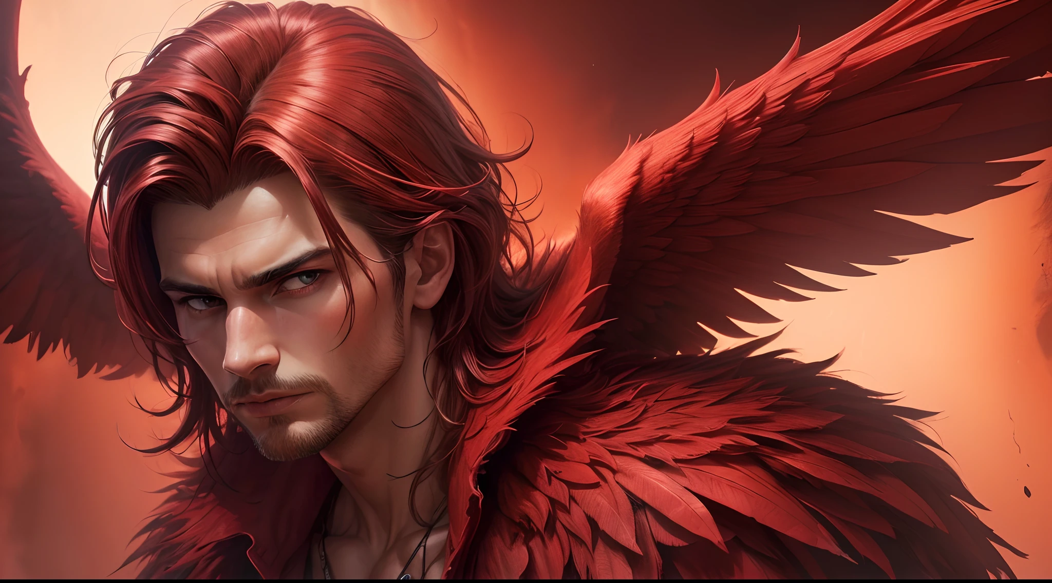 (best quality, highres, realistic:1.37), detailed male angel, large red wings, vibrant red background, devil, Lucifer, demon