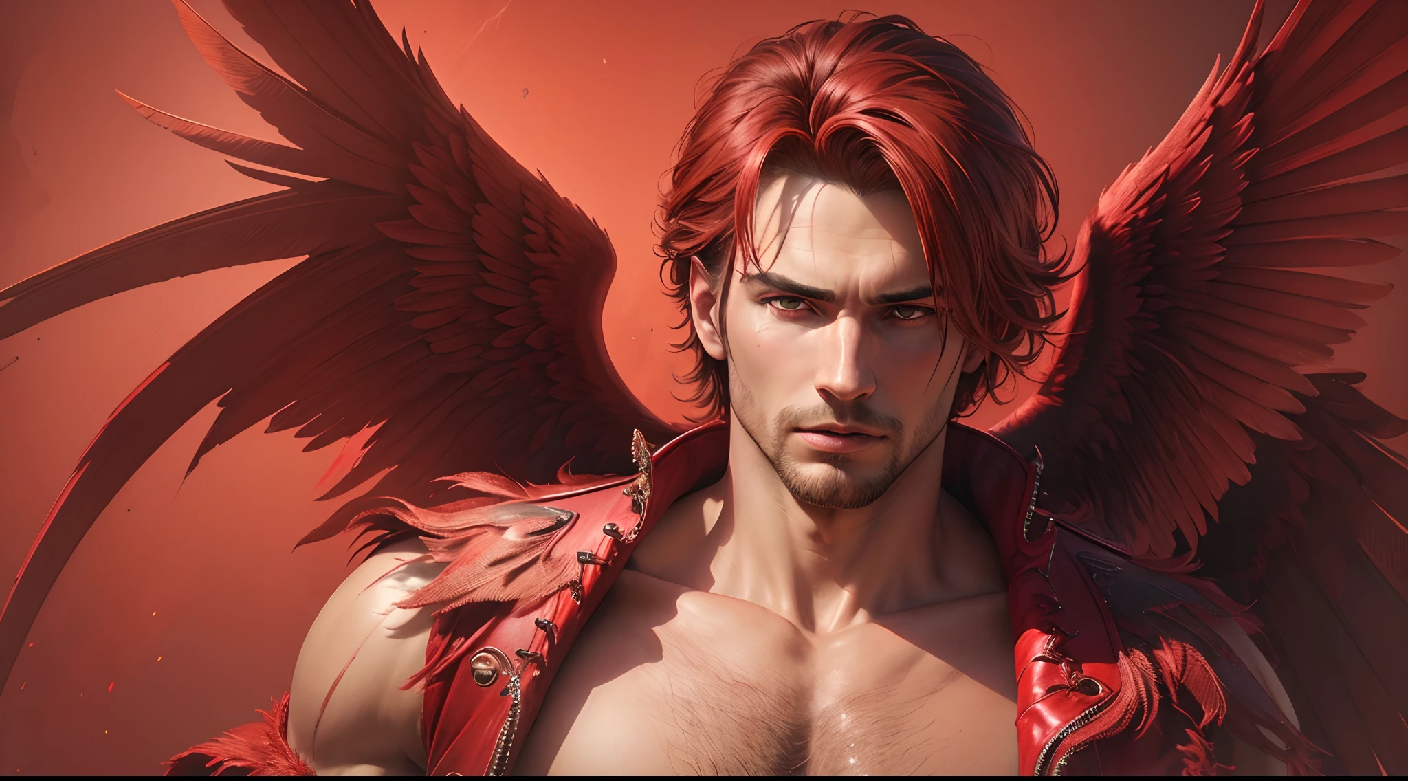 (best quality, highres, realistic:1.37), detailed male angel, large red wings, vibrant red background, devil, Lucifer, demon