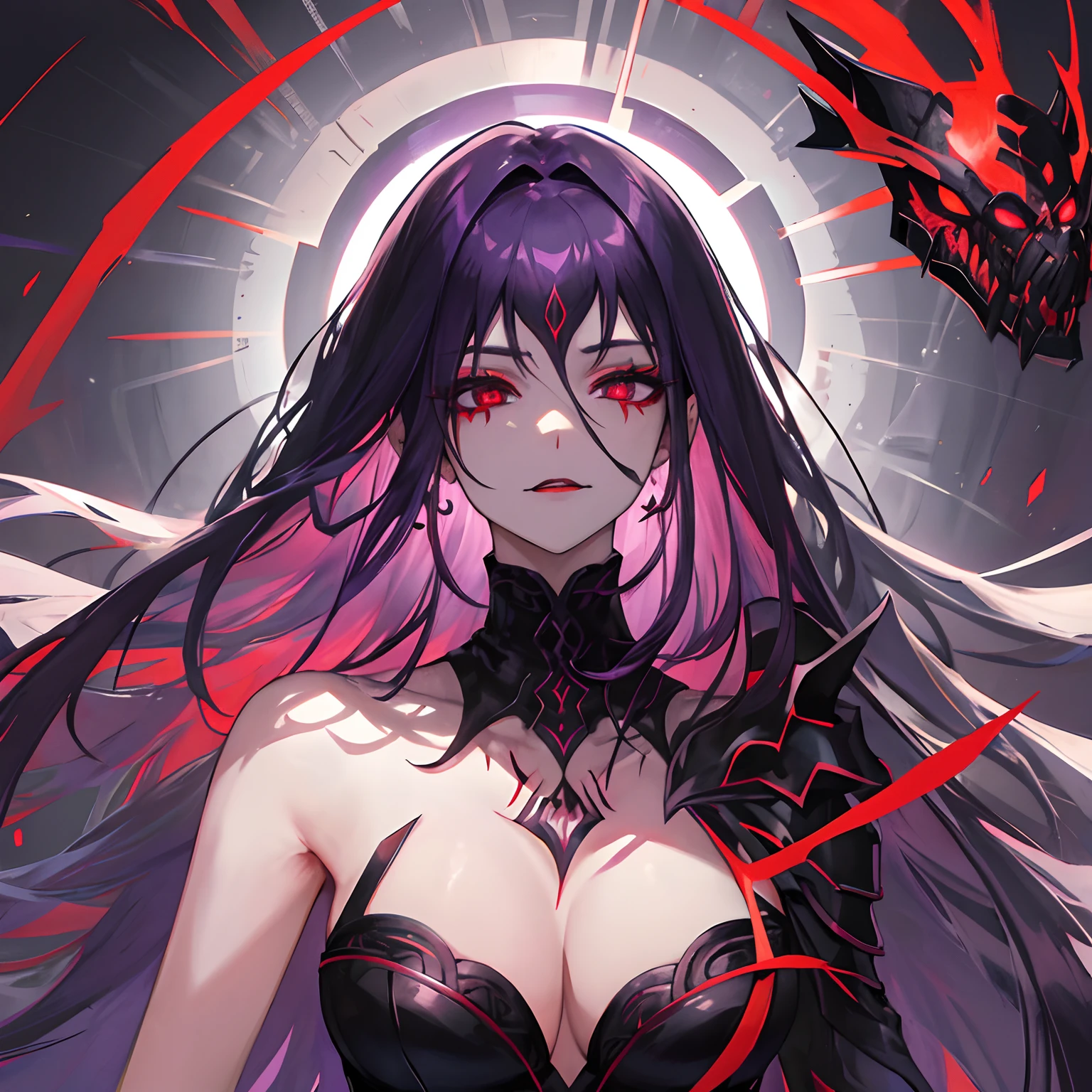 Woman, long dark purple hair, red eyes with a bright light, black long dress, witch, silver jewelry in the shape of ribs, metal mask on half of the face, snake tattoo, dark background, black lipstick