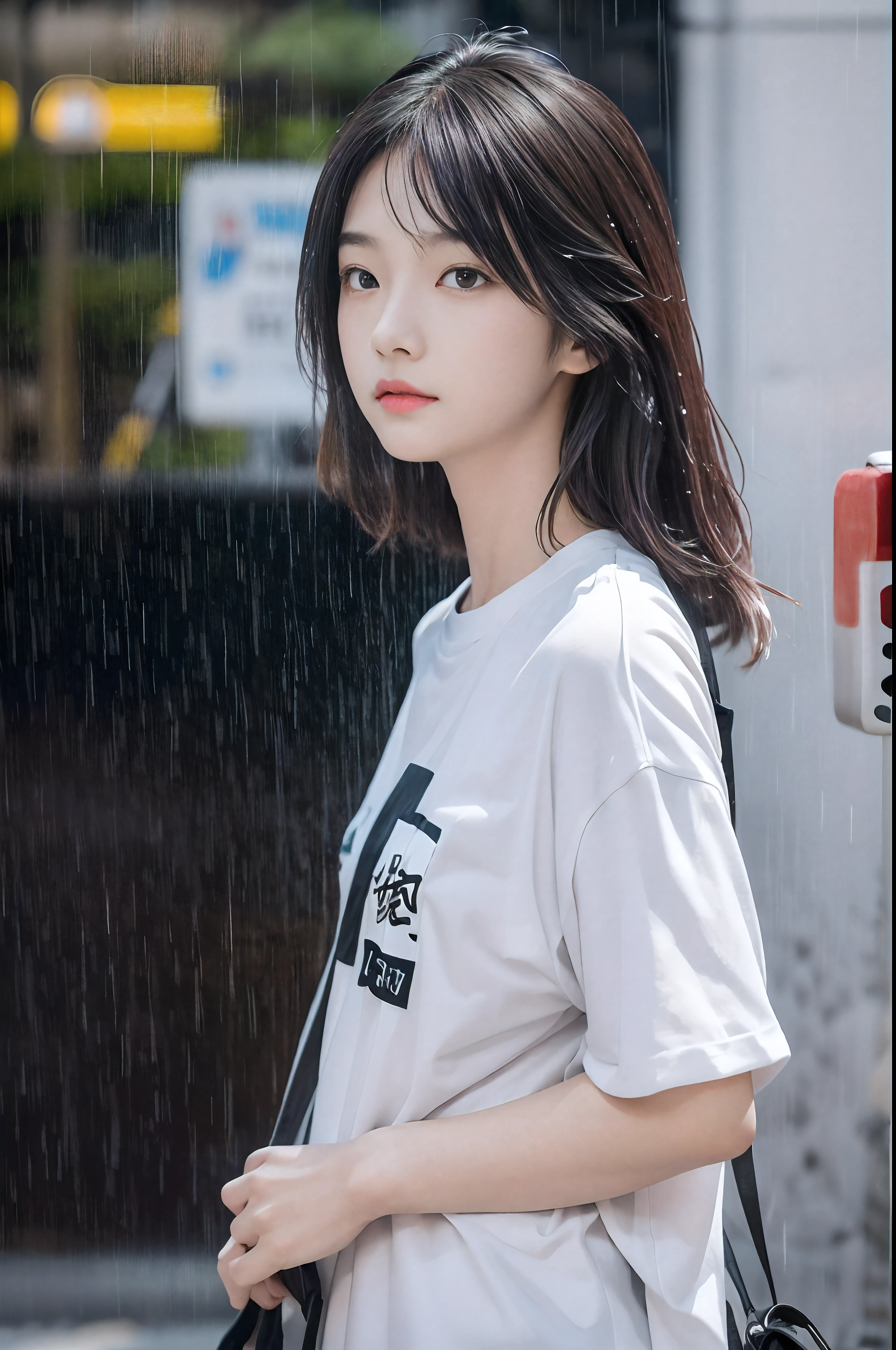 Young woman in white t-shirt wet from rain sticking to skin、Weather in the rain、photographed:Araki Shigenobu, Cool black and white t-shirt design and serial experience Japan age girl with rain, Text Says: 「September 21」, typographic「September 21」で、Place glue on the sides and bottom of the square screen. , high detailing, 8K, on tokyo street, high details, FUJIFILM New RX、Detailed skin、