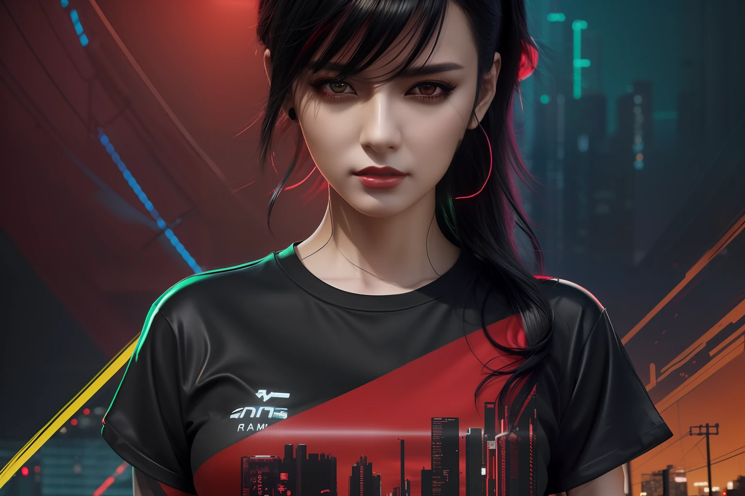 there is a woman with a black shirt and a red and green shirt, jet black haired cyberpunk girl, stunning digital illustration, alena aenami and artgerm, beautiful digital artwork, 4k detailed digital art, ross tran 8 k, the cyberpunk girl portrait, 4k highly detailed digital art, 8k stunning artwork, digital cyberpunk anime art, cyberpunk beautiful girl
