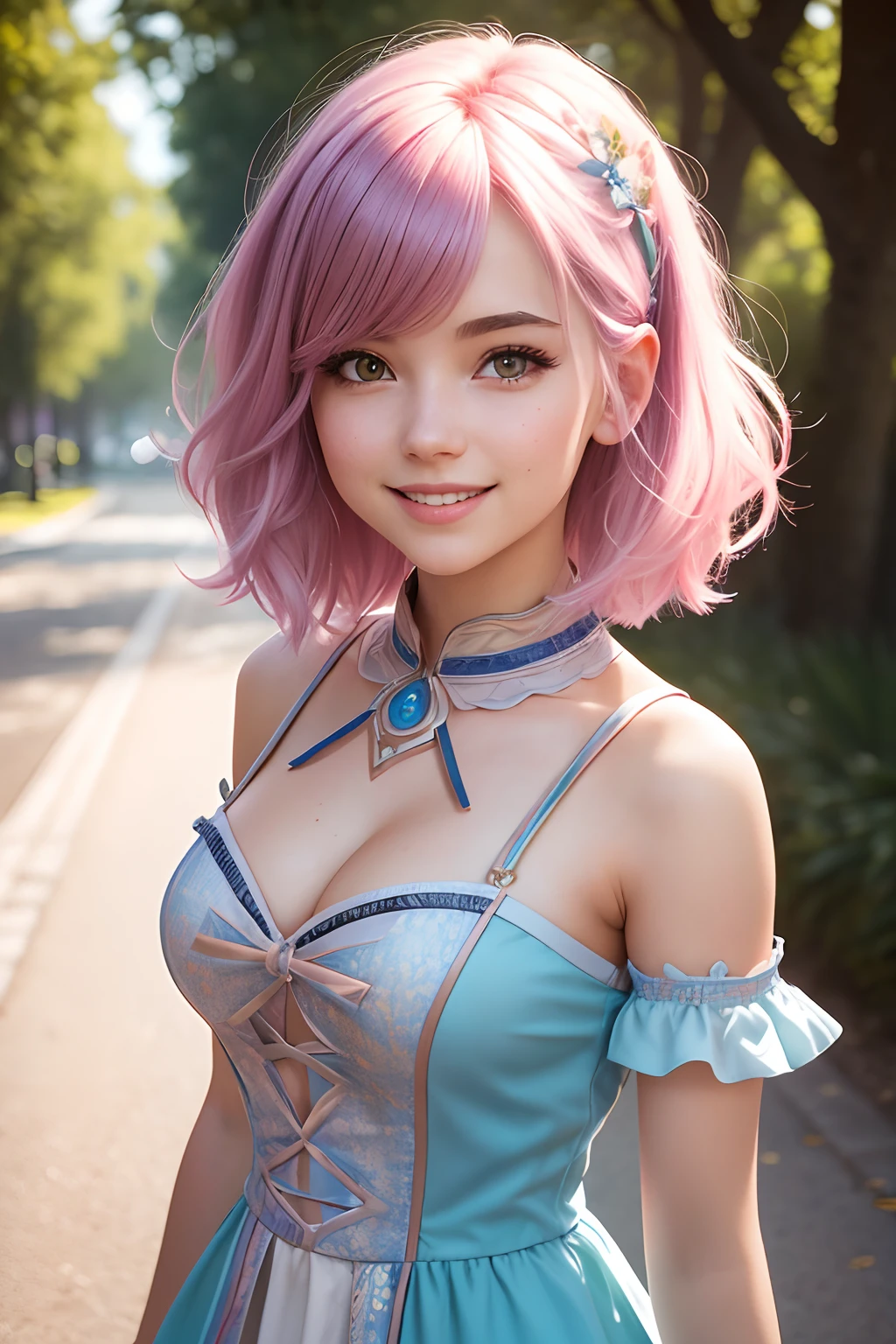 Photography image of a young woman, stylish mixed colour hair, wearing a cute short fantasy dress, ((big bust)) fantasy, smiling expression, photorealistic, looks into the camera, symmetrical face, symmetrical eyes, soft pastel colours, intricate, path tracing, illustration, insanely detailed, direct sunlight on face, path traced hair