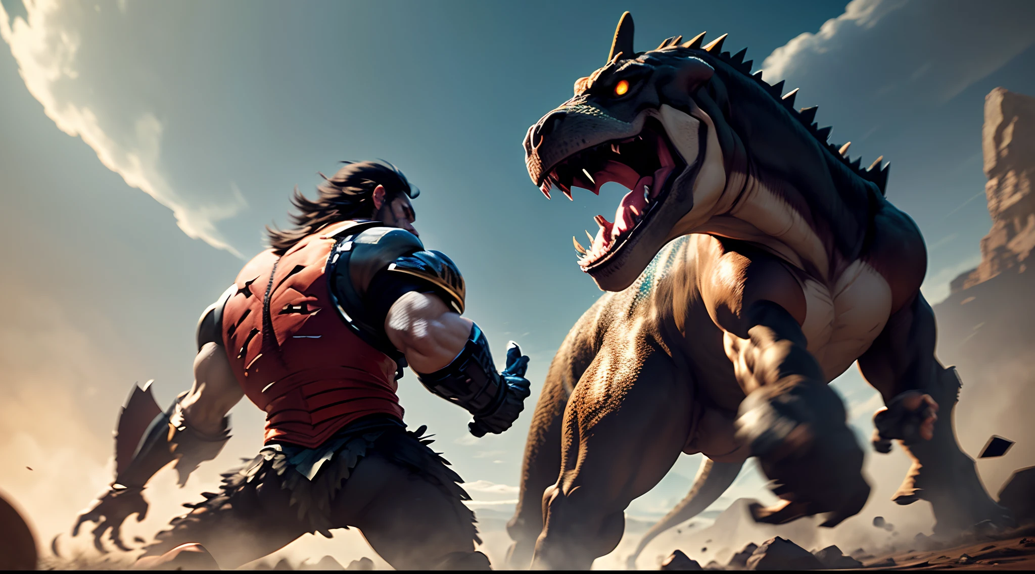una feroz batalla entre un T-Rex , (La mejor calidad, 4k, Altas Resoluciones, Ultra detallado), Lucha intensa, rugidos y trompetas, Dusty prehistoric landscape, Sombras realistas, vivid colors, (Detallado, intrincado, elaborar) Escamas y texturas de dinosaurios, Dynamic Moves, (feroz, determinado) Expresiones en las caras de dinosaurios, (poderoso, muscular) Cuerpos, dientes afilados y cuernos, (big size ass, imponente) Size, (dramatic, dynamic) luci, (poderoso, energetic) Plantea, (tension, anticipation) En el aire,1 versus 1,sangre,cazando,defendiendose,lucha de vida o muerte