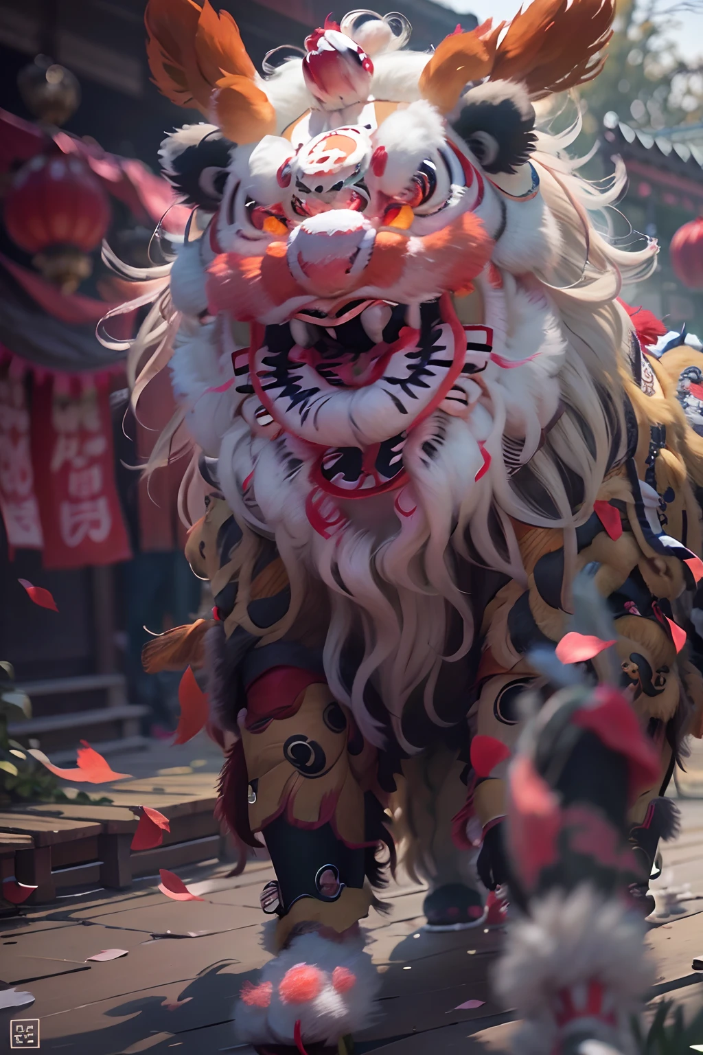8K,RAW photos,best qualtiy,tmasterpiece,realisticlying,photograph realistic,ultra - detailed,Chinese lion dance,At the New Year's Festival, Traditional lion dance performance, Alafid lion with long mane and long tail,cgsociety and fenghua zhong, drak, inspired by Park Hua, chengwei pan on artstation, wojtek fus, inspired by Lu Guang, affable , wenjun lin