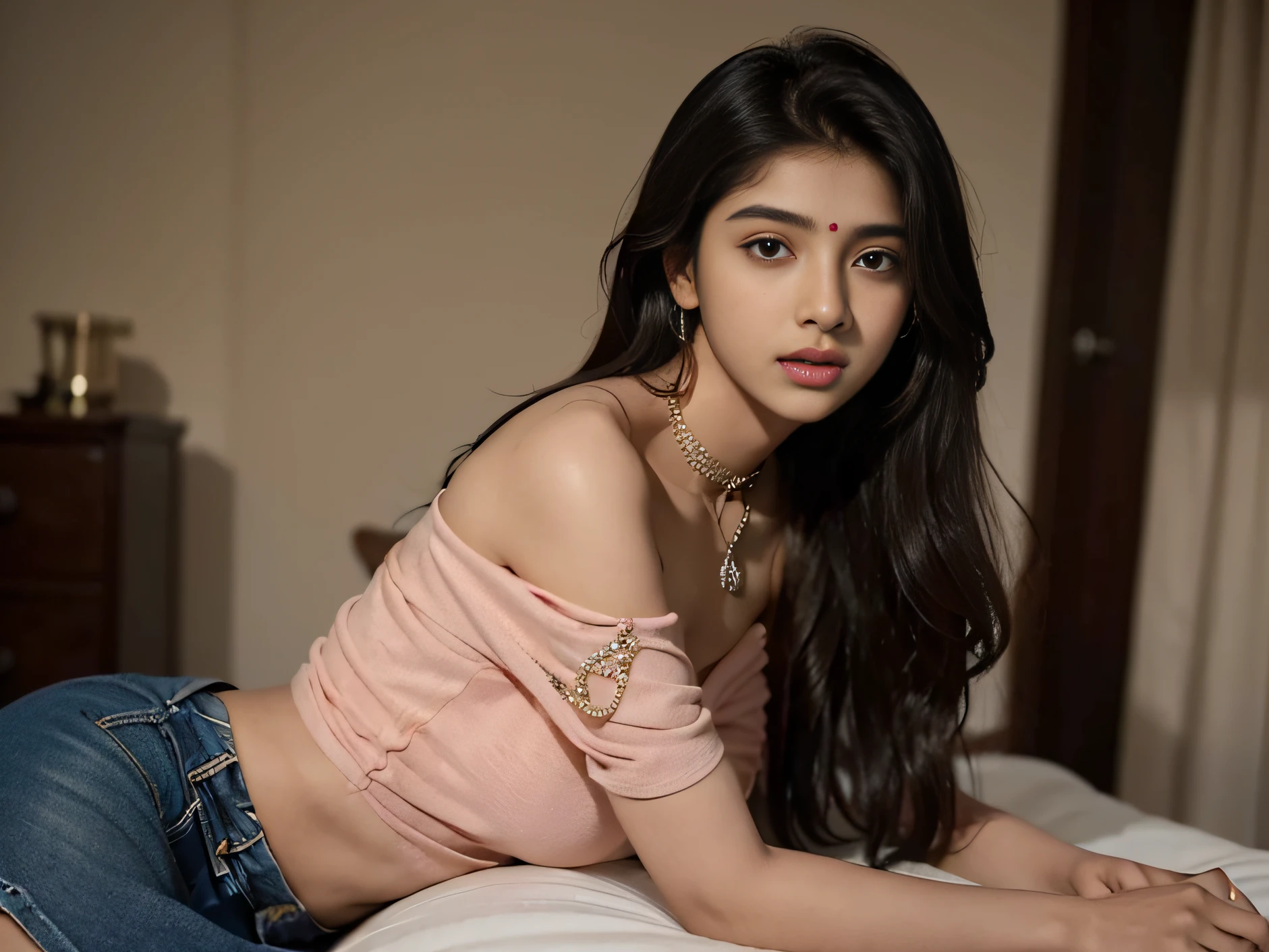 (((desi Indian girl))), (((Named Samantha))),1girl 13 year old, solo, long hair, big breasts, looking at viewer, black hair, bare shoulders, brown eyes, jewelry, full body, necklace, off shoulder,T shirt and Skirt, lips, realistic, nose, sexy, flirting with camera