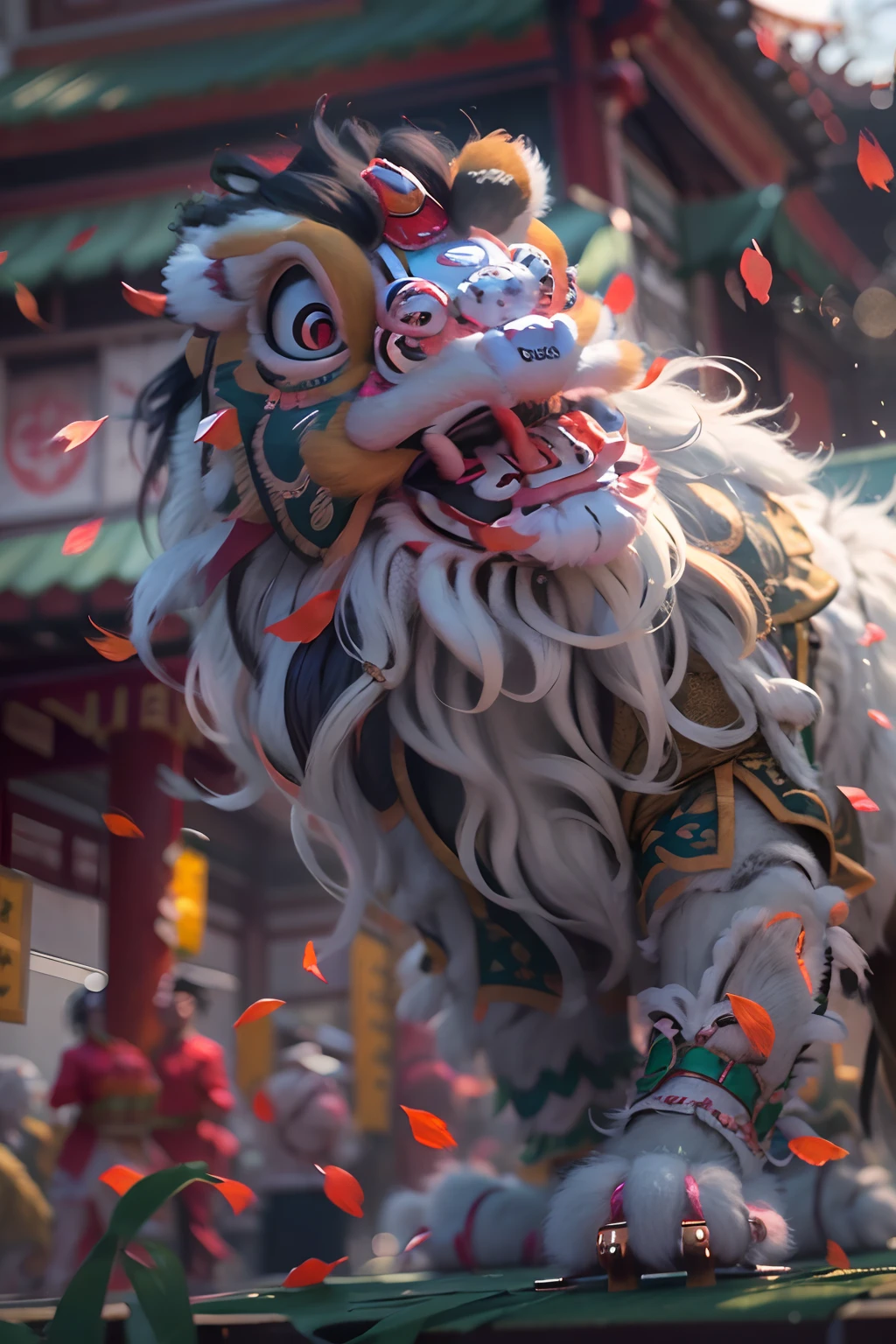 8K,RAW photos,best qualtiy,tmasterpiece,realisticlying,photograph realistic,ultra - detailed,Chinese lion dance,At the New Year's Festival, Traditional lion dance performance, Alafid lion with long mane and long tail,cgsociety and fenghua zhong, drak, inspired by Park Hua, chengwei pan on artstation, wojtek fus, inspired by Lu Guang, affable , wenjun lin
