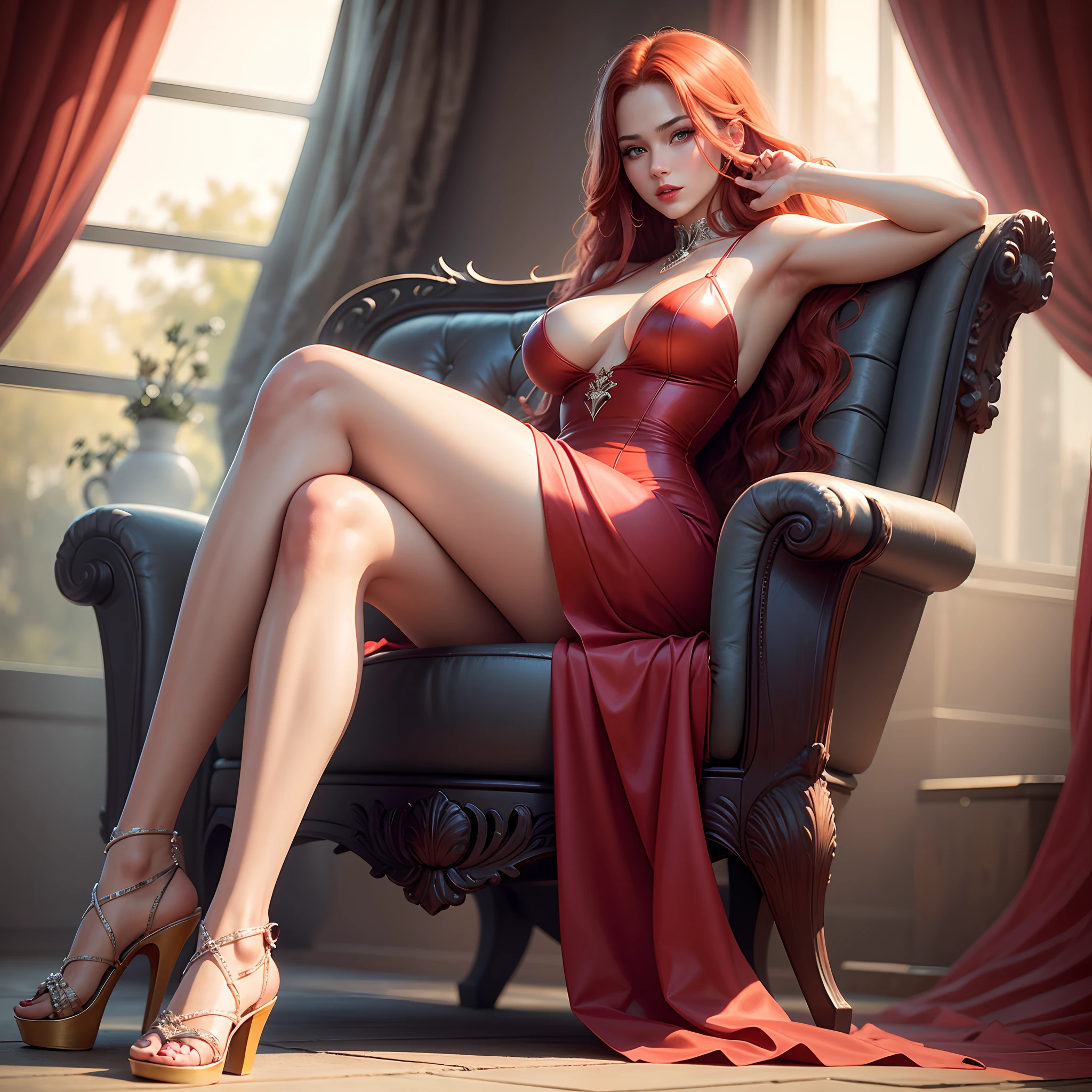 Produce an ultra-realistic Instagram model of a beautiful woman, high heel sandals, full body, long red hair, blue eyes, soft skin, sitting on a throne, legs crossed or open leg , beautiful red dress,big breast, part of breast out, The image has a high resolution of 4K, with soft, natural lighting that enhances the model's skin tones and the colors of their outfit, leg uncover, red lips, white skin, sexy beautiful lady