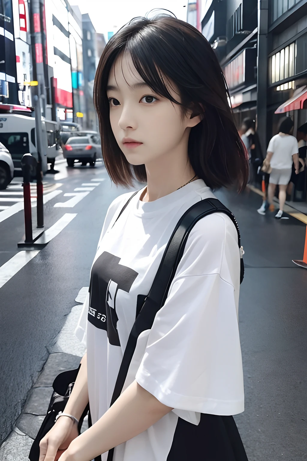 photographed:Araki Shigenobu, Rain with cool black and white t-shirt design and serial experience Japan teenage girl, Text Says: 「September 21」, typographic「September 21」で、Place the glue on the sides and bottom of the square screen. , high detailing, 8K, on tokyo street, high details, FUJIFILM New RX