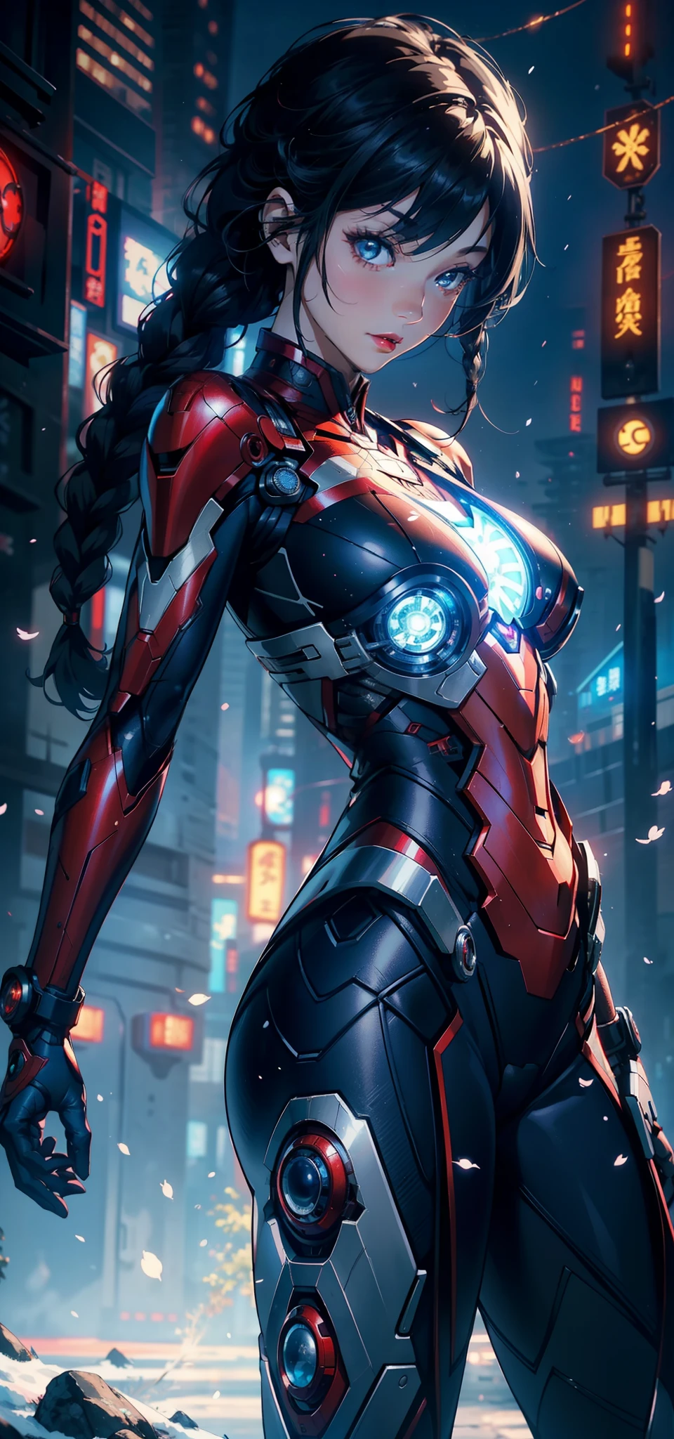 1female,35yo,Slim,extremely large bosom,Big breasts Thin waist,long leges, 独奏,(Background with:,Cherry blossom forest,Cyberpunk-city)Run, She has short black hair,seen from the front, Twist braids, mostly cloudy sky,(((tmasterpiece),(Very detailed CG unity 8K wallpaper),best qualtiy,cinmatic lighting,detailed back ground,beatiful detailed eyes,Bright pupils,Black eyes,Snow-whiteskin,Redlip(Very fine and beautiful),(Beautiful and detailed eye description),ultra - detailed,tmasterpiece,))facing at camera,A high resolution,ultra - detailed),Spidey,Wear a futuristic Iron Man mech,Blue and red color scheme,