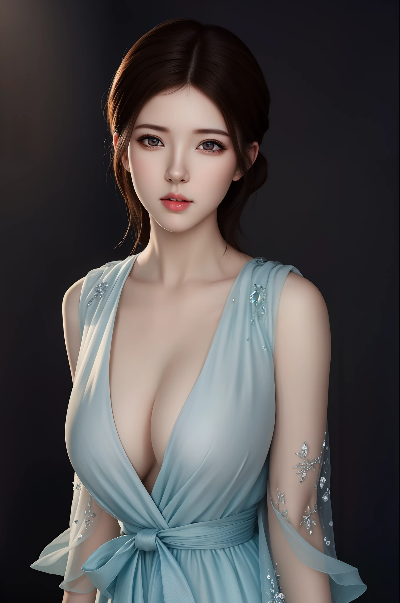 (hyperrealistic), (illustration), (high resolution), (8K), (extremely detailed), (best illustration), (beautiful detailed eyes), (best quality), (ultra-detailed), (masterpiece), (wallpaper), (photorealistic), (natural light), (rim lighting), (detailed face), (high detailed realistic skin texture), (anatomically correct), (solo), (1 girl), (high detailed realistic hair), (black hair:1.35), (heterochromic eyes), (detailed eyes), (bright brown eyes:1.37), (sparkling eyes), (realistic big breasts:1.5), (exposed nipples breasts:1.35), (long legs), (slender abs), (dynamic pose), (closed tiny mouth:1.3), nsfw, concentrated expression.