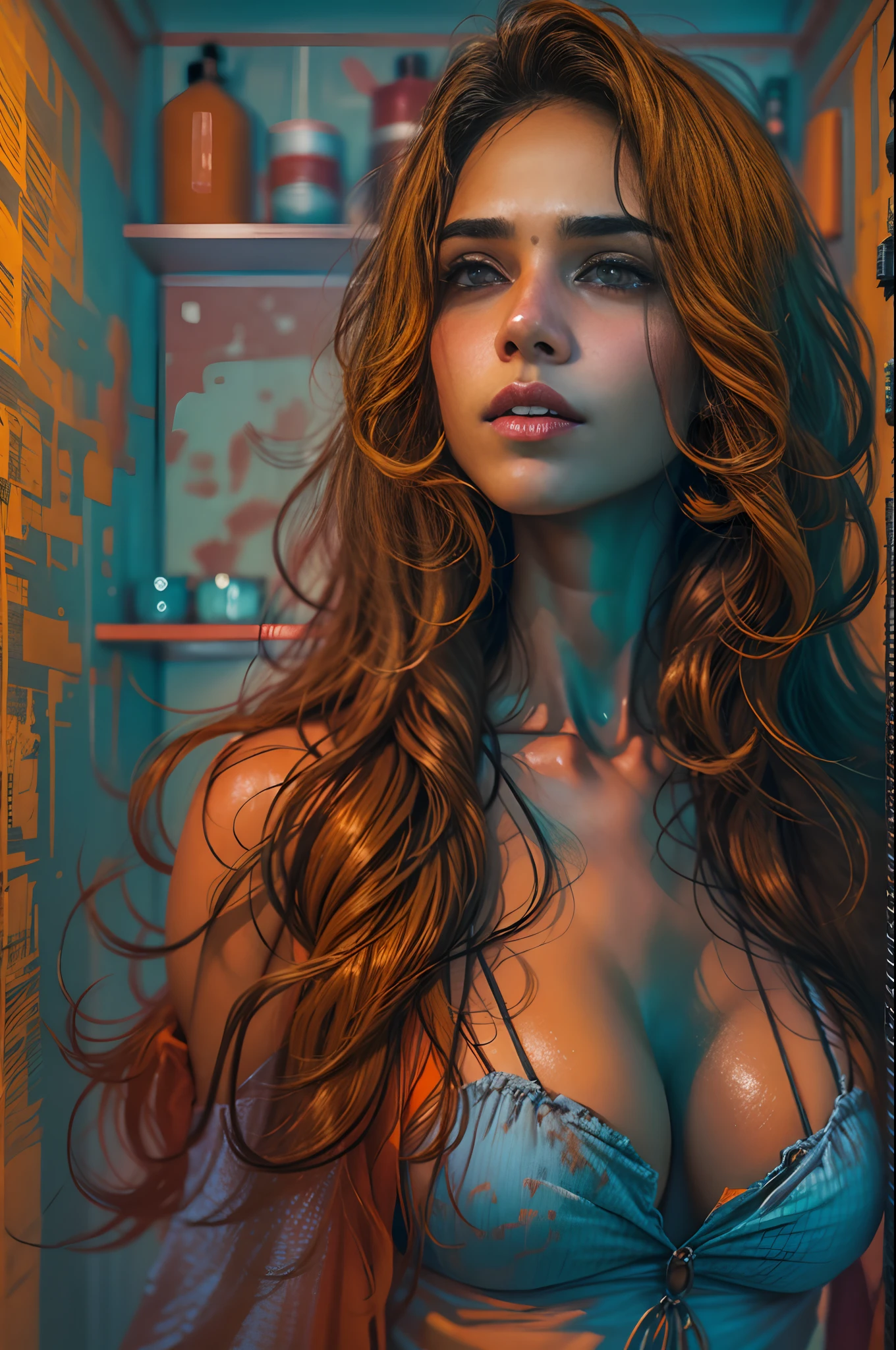 Different mood indian woman with very long hair, showing clevage, clutched in deep orange towel, wide angle in a blue vintage bathroom, perfect anatomy, illustrative, painterly, detailed, UHD drawing, pen and ink, perfect composition, beautiful detailed intricate insanely detailed octane render trending on artstation, 8k artistic photography, photorealistic concept art, soft natural