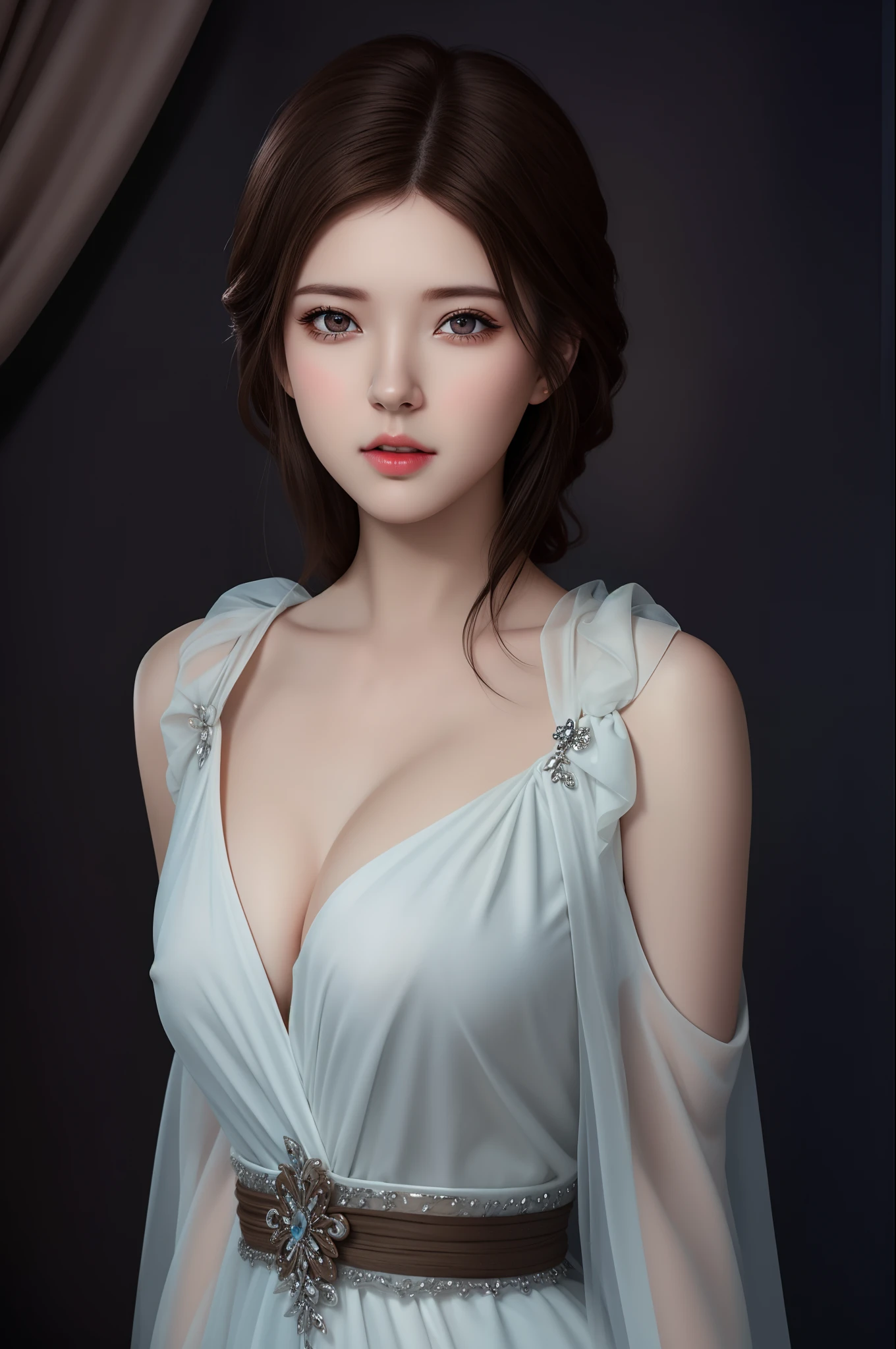 (hyperrealistic), (illustration), (high resolution), (8K), (extremely detailed), (best illustration), (beautiful detailed eyes), (best quality), (ultra-detailed), (masterpiece), (wallpaper), (photorealistic), (natural light), (rim lighting), (detailed face), (high detailed realistic skin texture), (anatomically correct), (solo), (1 girl), (high detailed realistic hair), (black hair:1.35), (heterochromic eyes), (detailed eyes), (bright brown eyes:1.37), (sparkling eyes), (realistic big breasts:1.5), (exposed nipples breasts:1.35), (long legs), (slender abs), (dynamic pose), (closed tiny mouth:1.3), nsfw, concentrated expression.