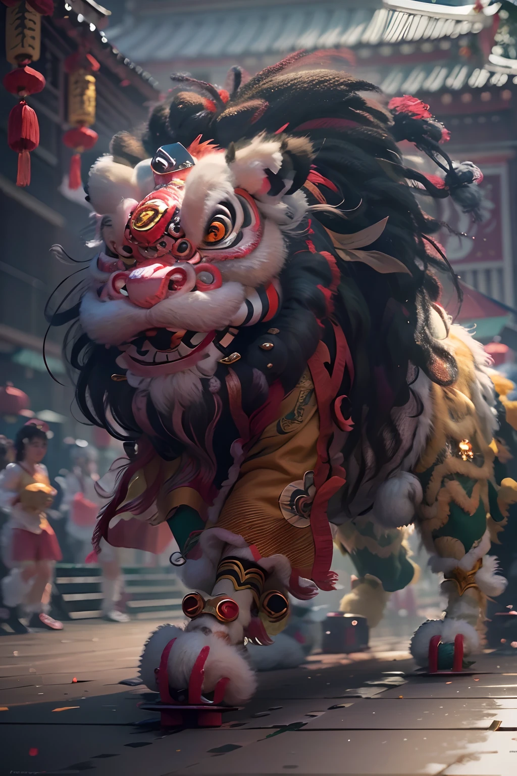 8K，RAW photos，best qualtiy，tmasterpiece，realisticlying，photograph realistic，ultra - detailed，Chinese lion dance，At the New Year's Festival, Traditional lion dance performance, Alafid lion with long mane and long tail, bian lian, G Liulian art style, cgsociety and fenghua zhong, drak, inspired by Park Hua, chengwei pan on artstation, wojtek fus, inspired by Lu Guang,  affable ， wenjun lin