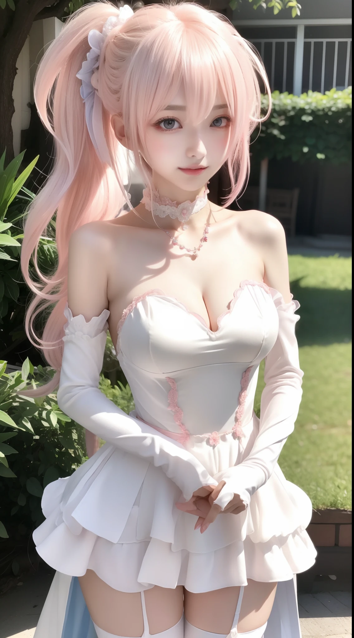 perfect figure beautiful woman：1.4，Layered Hair Style，Protruding cleavage，Pink 2D costume：1.5，Highly Detailed Face and Skin Textur，二重まぶた，Whiten the skin，long whitr hair，playing water，Collar