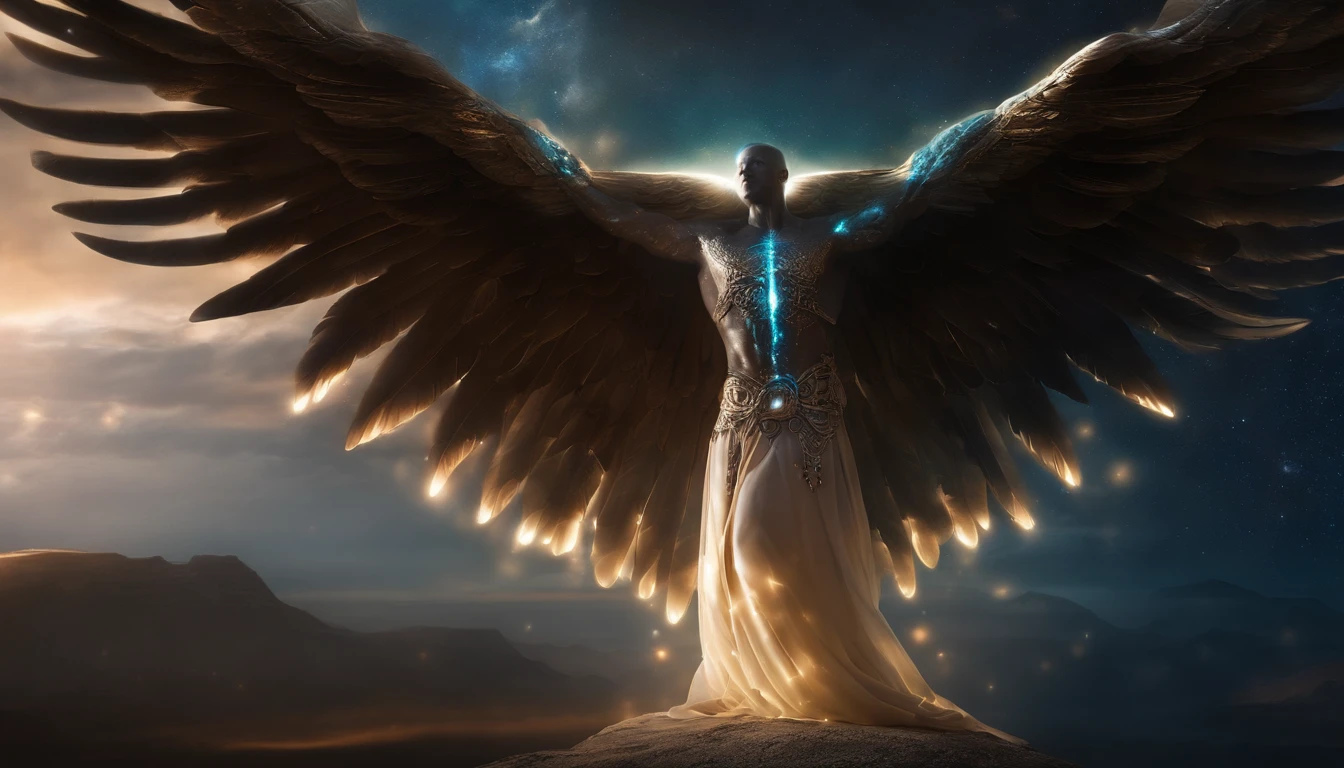 cosmic fallen male angel, olhos claros brilhantes, Biomechanicals, estranho, assustador, Pesadelo, cores muito brilhantes, light particles, com luz brilhante, Mshiff, Arte do papel de parede, Papel de parede UHD
