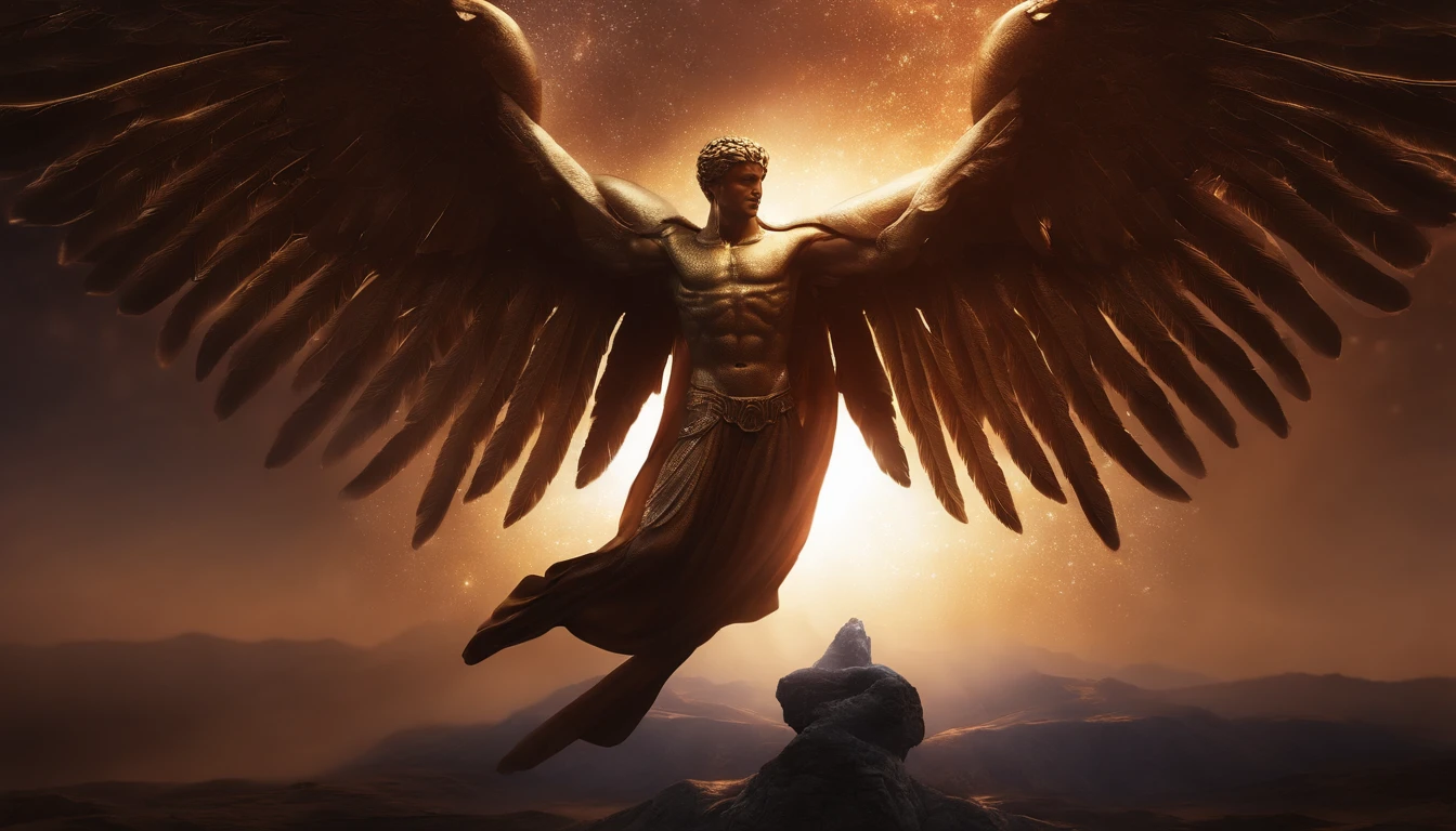 cosmic fallen male angel, olhos claros brilhantes, Biomechanicals, estranho, assustador, Pesadelo, cores muito brilhantes, light particles, com luz brilhante, Mshiff, Arte do papel de parede, Papel de parede UHD