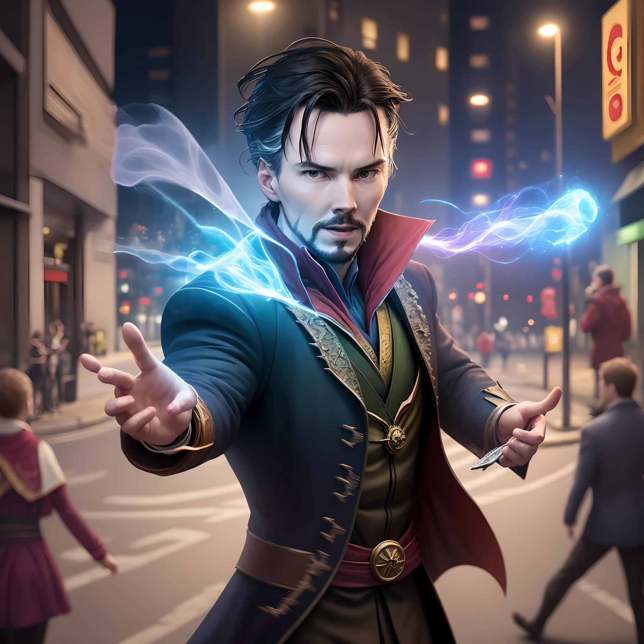 Design an image of Doctor Strange performing magic tricks on a street corner, with onlookers captivated by the mystical display, realistic 4k,9:16 ratio