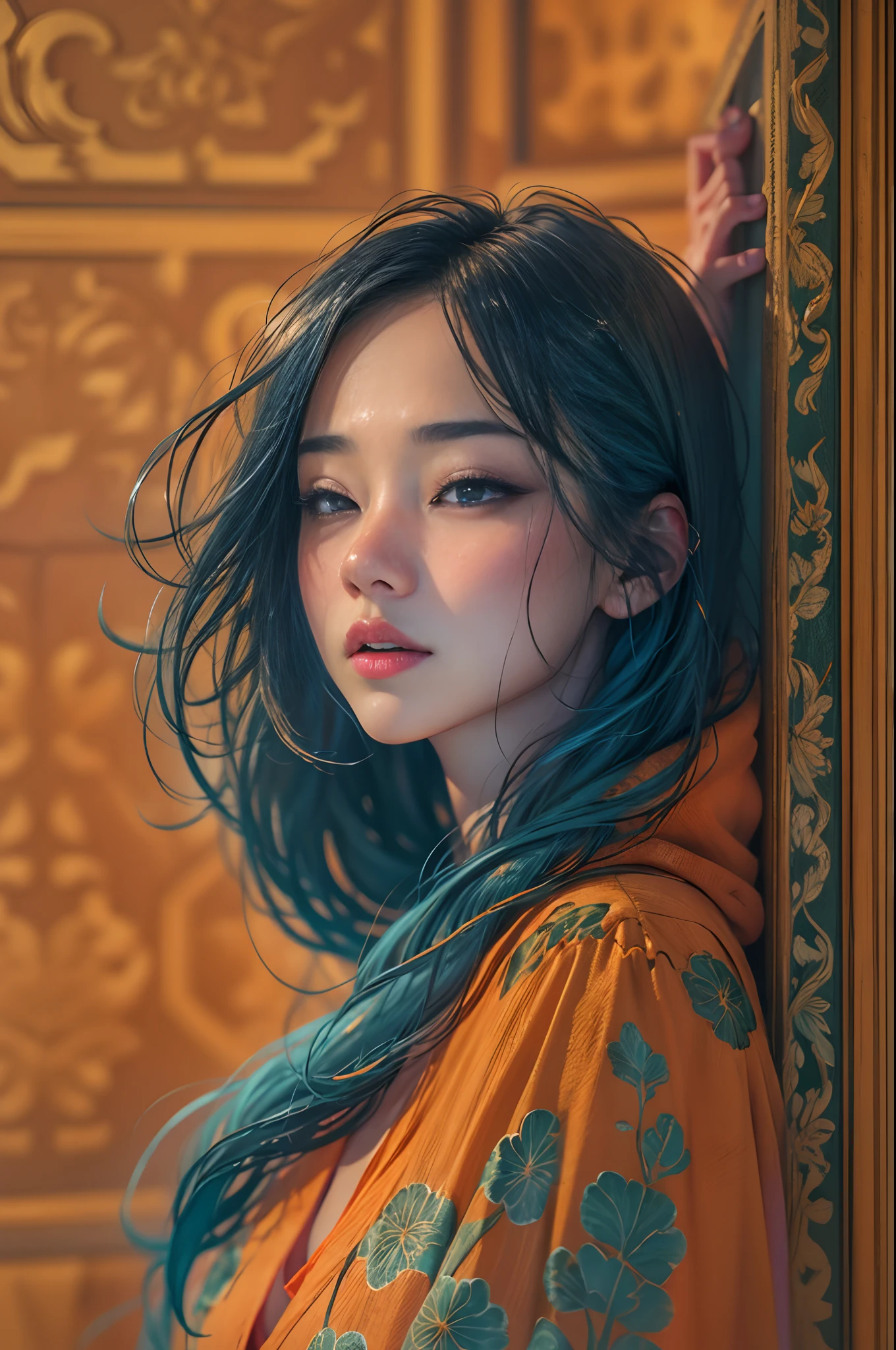 Different mood chinese with small eyes woman with very long hair, showing clevage, clutched in deep orange towel, wide angle in a blue vintage bathroom, perfect anatomy, illustrative, painterly, detailed, UHD drawing, pen and ink, perfect composition, beautiful detailed intricate insanely detailed octane render trending on artstation, 8k artistic photography, photorealistic concept art, soft natural