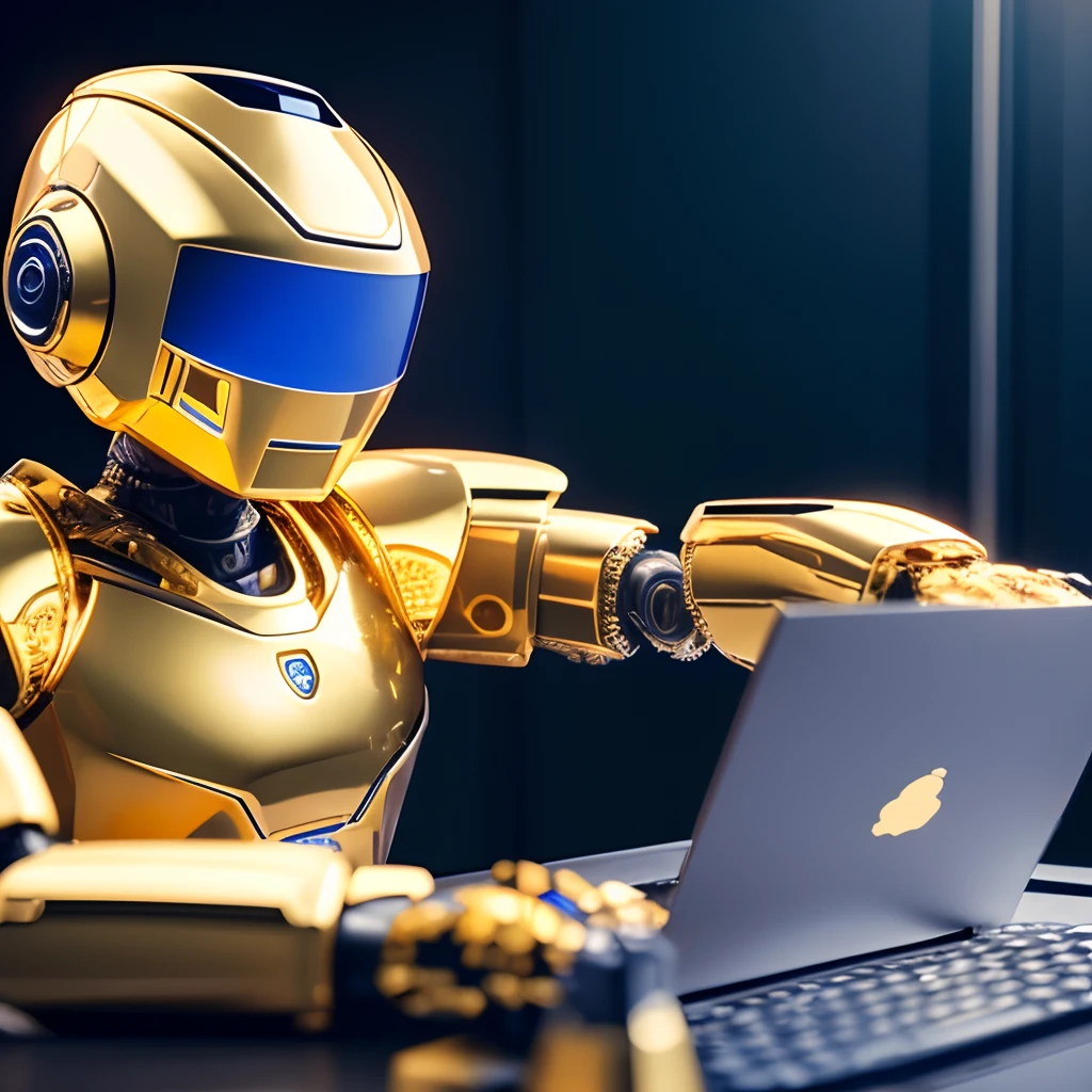 Picture of an elaborate detailed Ai robot, gold color, with robot face, human characteristics sitting at a computer which creates money.