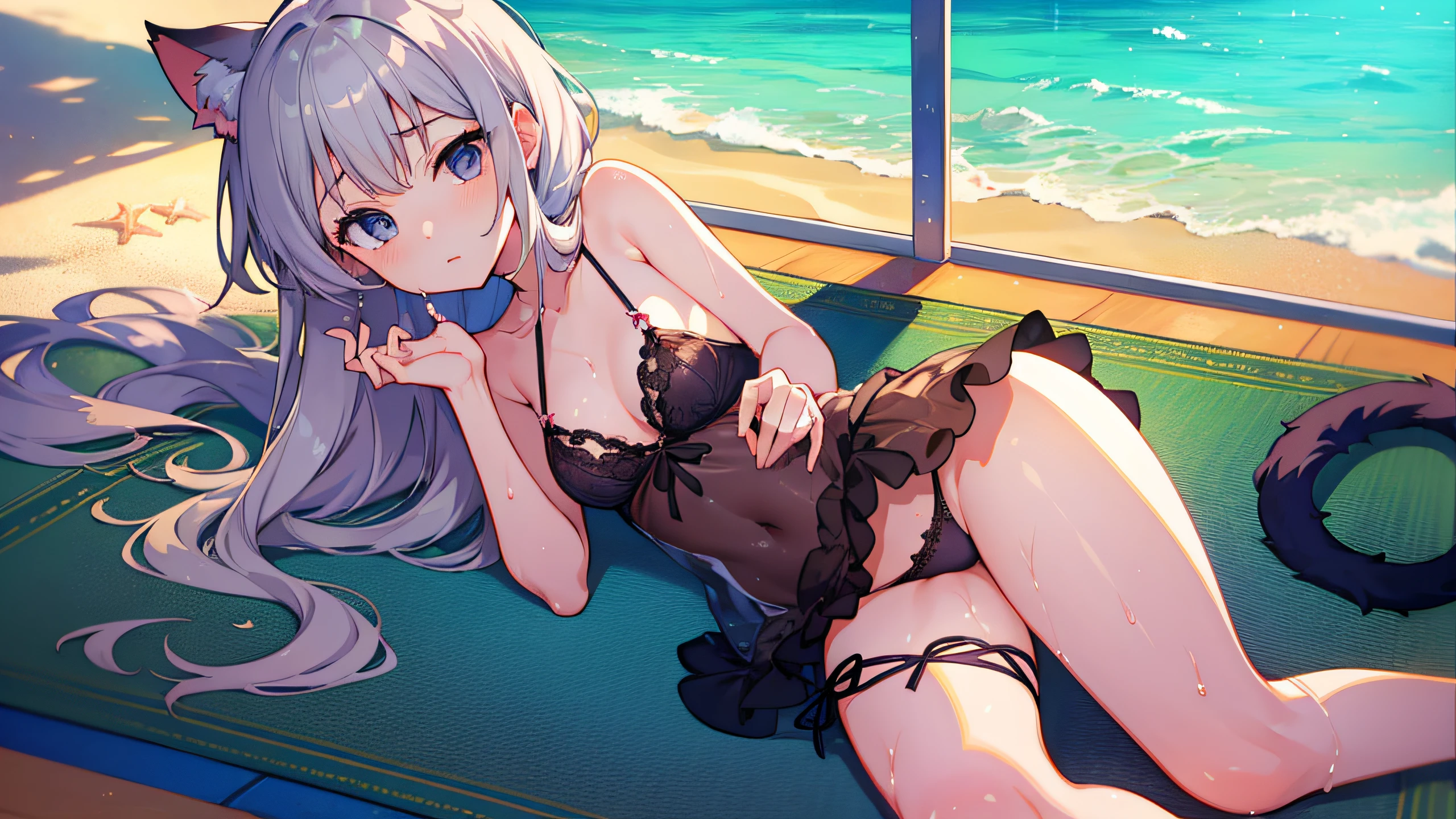 (Masterpiece), (Best Anime Illustration in Resolution), (Super Definition), one girls, 独奏, Gray-haired beautiful girl, anime , Loliat's Ear, Transparent sexy lingerie, Wet transparent, Beach, nsfw