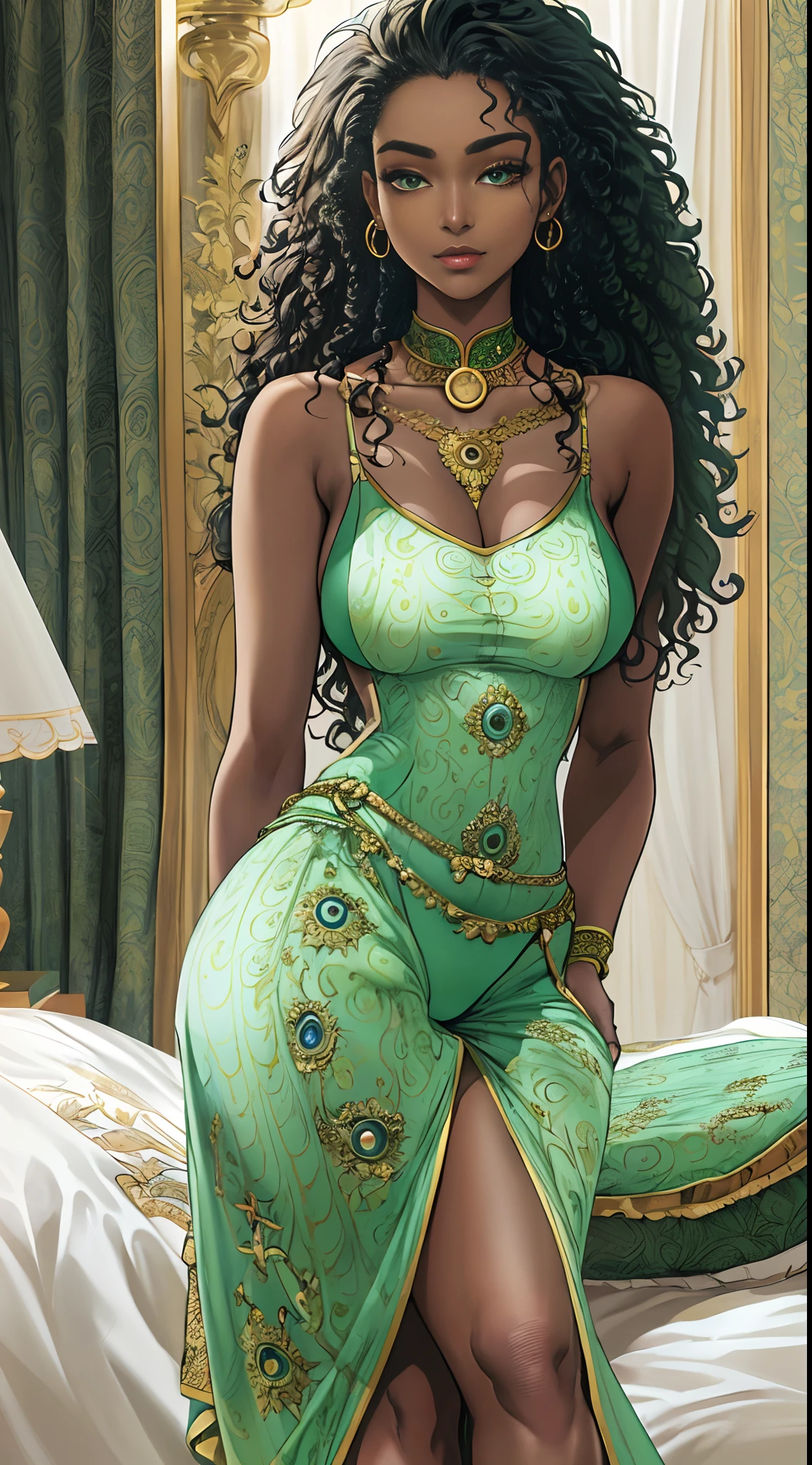 ((Masterpiece, hiquality, absurdress) 1Woman, black hair, curly hair, Afro-curly hair, Green eyes, a perfect face, the perfect body, big breastes, short stature, very dark skin, Hindu woman, 独奏, ((Best Quality)), ((Masterpiece)), (Detailed:1.4), Detailed eyes and face, Designer pajamas, Designer underwear, designer bed linen, Designer slippers , Languid look, Evening, big bed, Primordial world