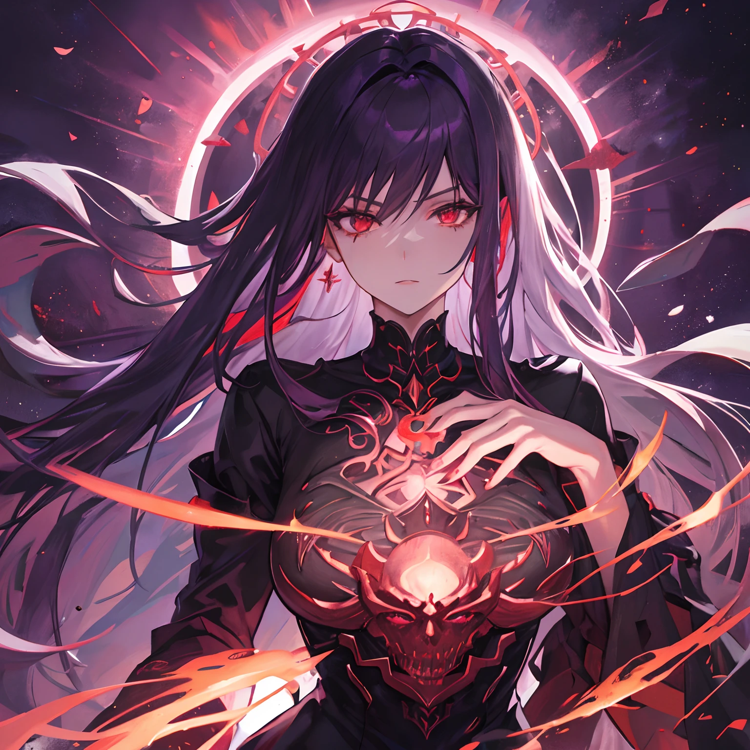 Woman, long dark purple hair, red eyes with a bright light, black long dress, witch, silver jewelry in the shape of ribs, metal mask on half of the face,