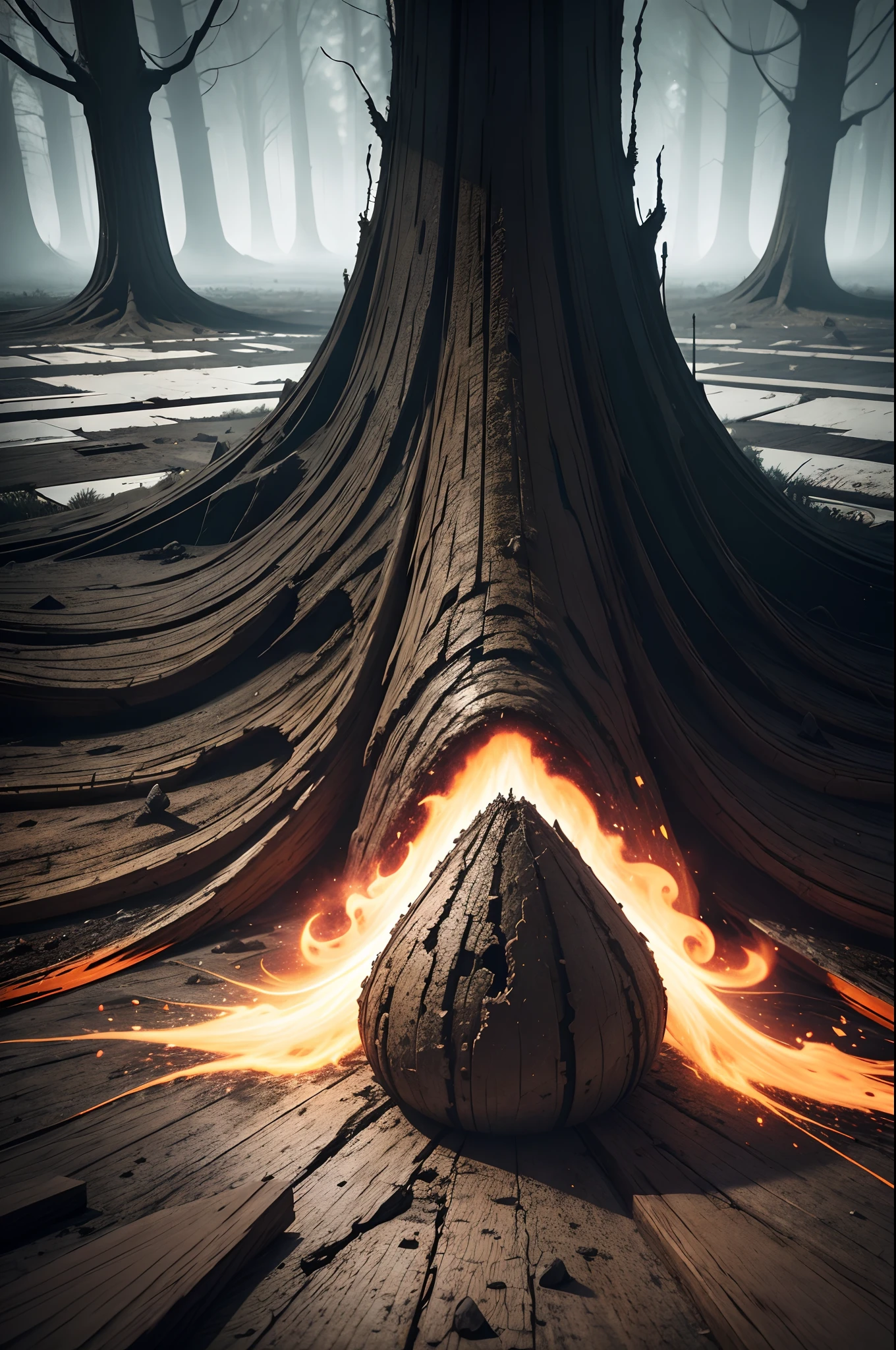 dark, eerie, monster, galactic, trees, floor angle, explosion