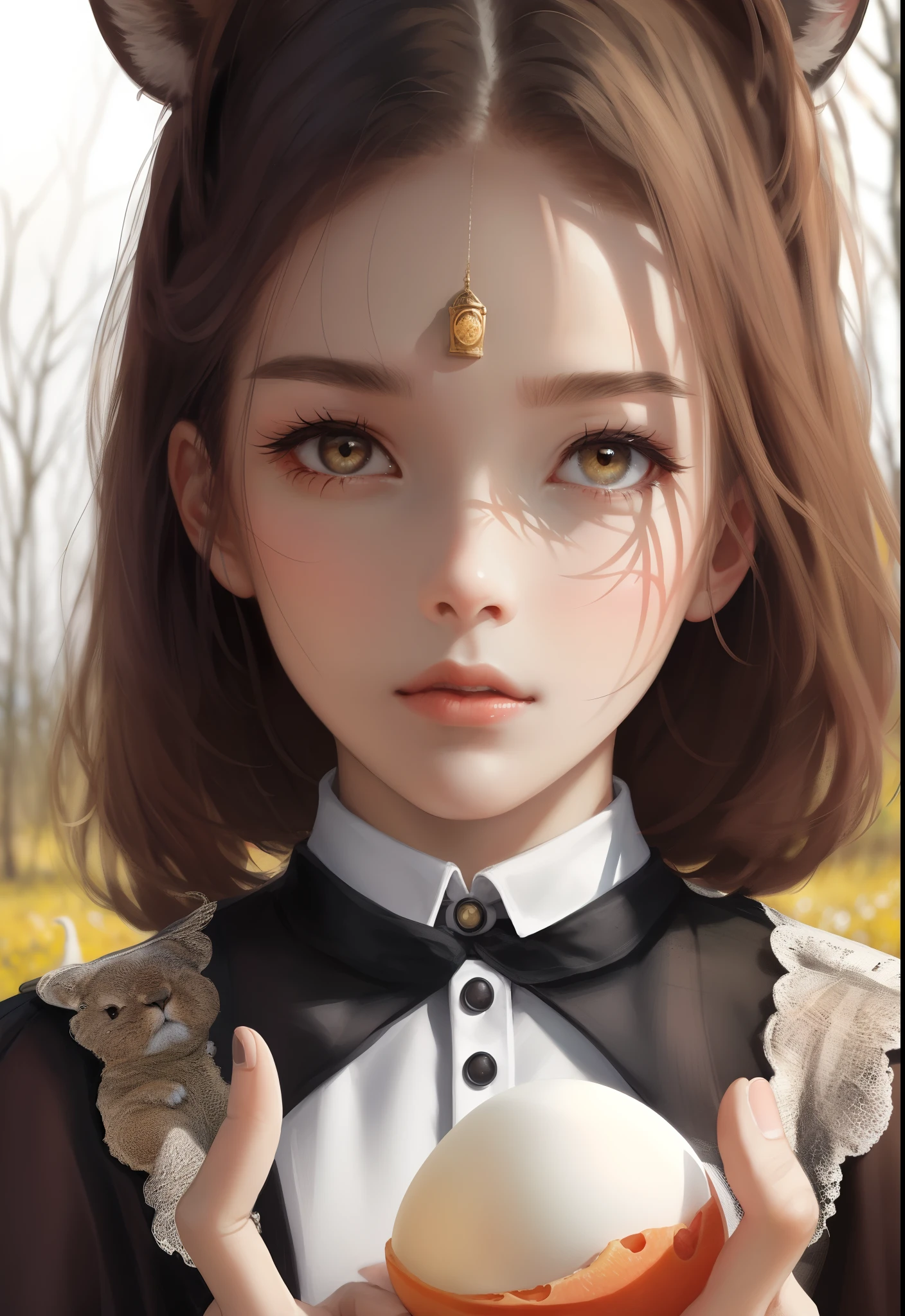 teens girl,the woods,bunny,Willow eyebrows,Apricot eyes,Lion's nose,Standard lip,Natural skin tone,Goose egg face