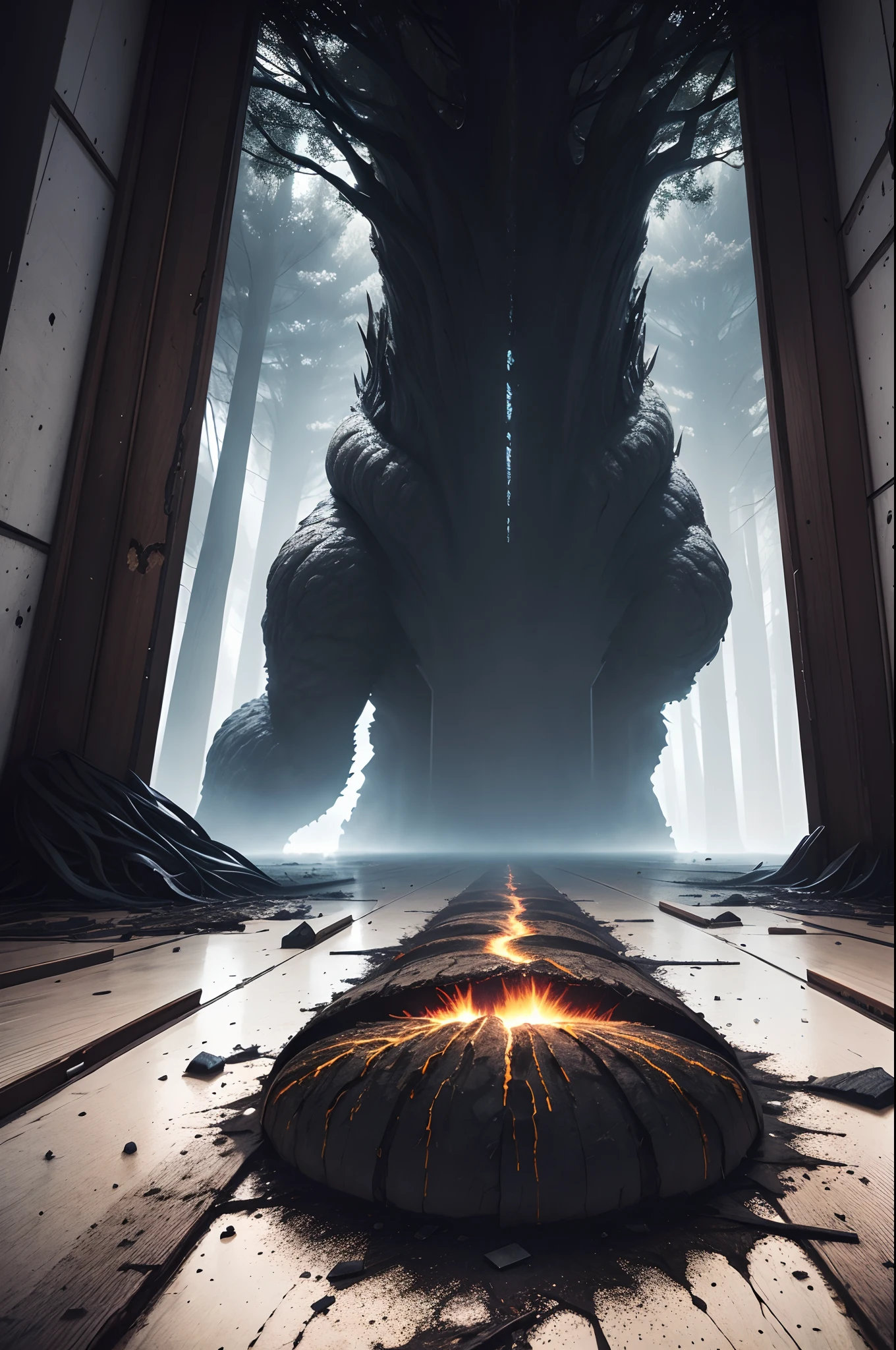 dark, eerie, monster, galactic, trees, floor angle, explosion