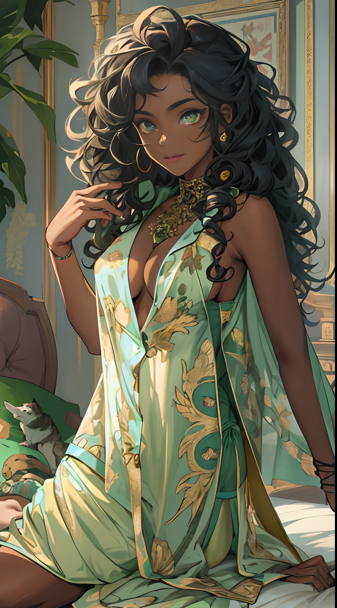 ((Masterpiece, hiquality, absurdress) 1Woman, black hair, curly hair, Afro-curly hair, Green eyes, a perfect face, the perfect body, big breastes, short stature, very dark skin, Hindu woman, 独奏, ((Best Quality)), ((Masterpiece)), (Detailed:1.4), Detailed eyes and face, Designer pajamas, Designer underwear, designer bed linen, Designer slippers , Languid look, Evening, big bed, Primordial world