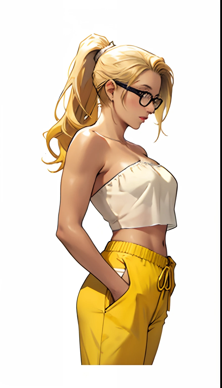 young caucasian woman with blonde hair, messy ponytail, wearing glasses, buttermilk-yellow strapless tube top, buttermilk-yellow pants, transparent background